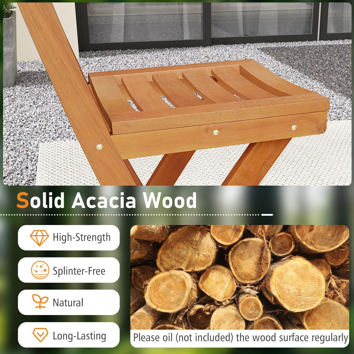Tangkula Outdoor Portable High Top Acacia Wood Bar Height Chair with Backrest & Footrest - Product image 7