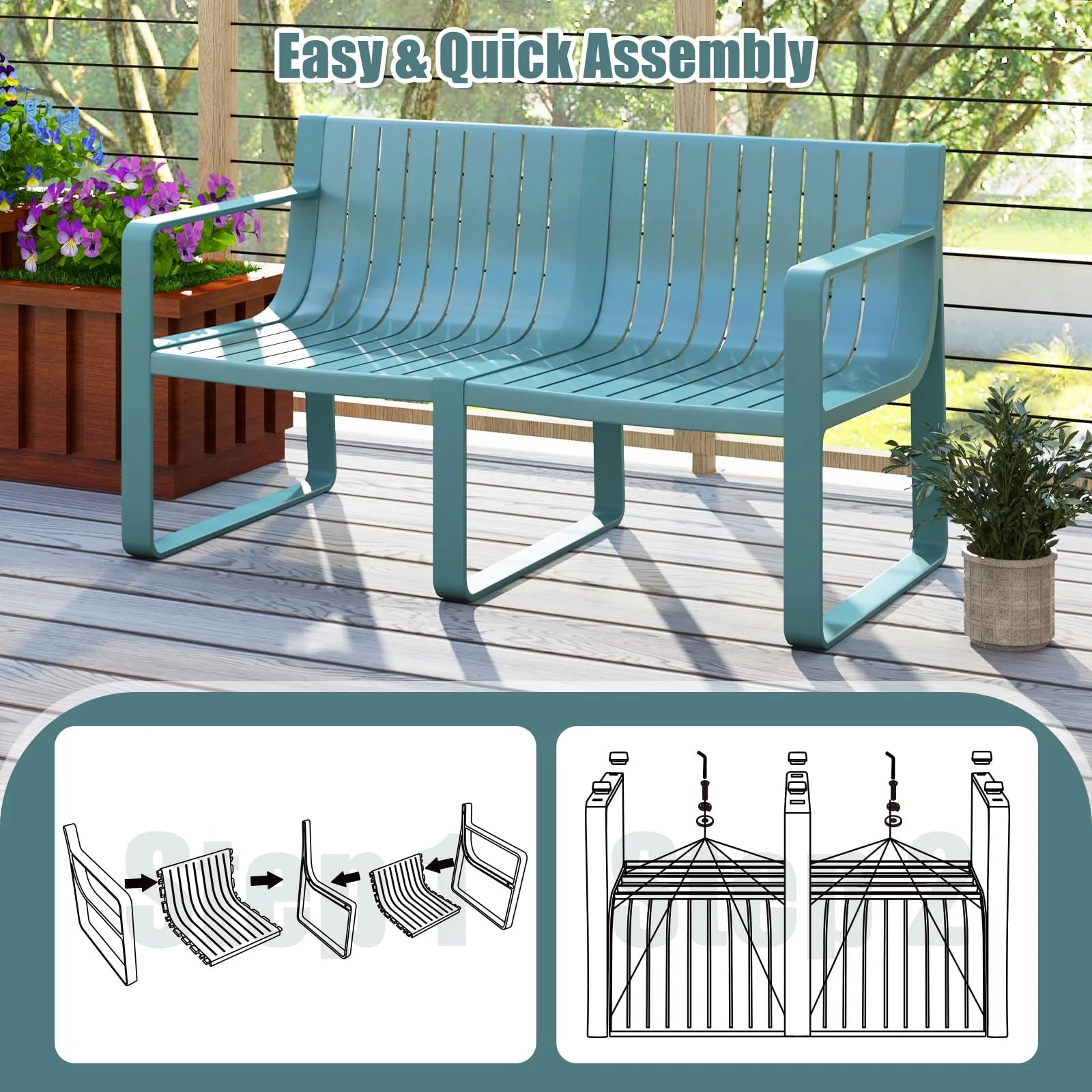 All-Weather Plastic Outdoor Patio Bench, 2-Person Garden Loveseat with Curved Backrest & Slatted Design for - Product image 8