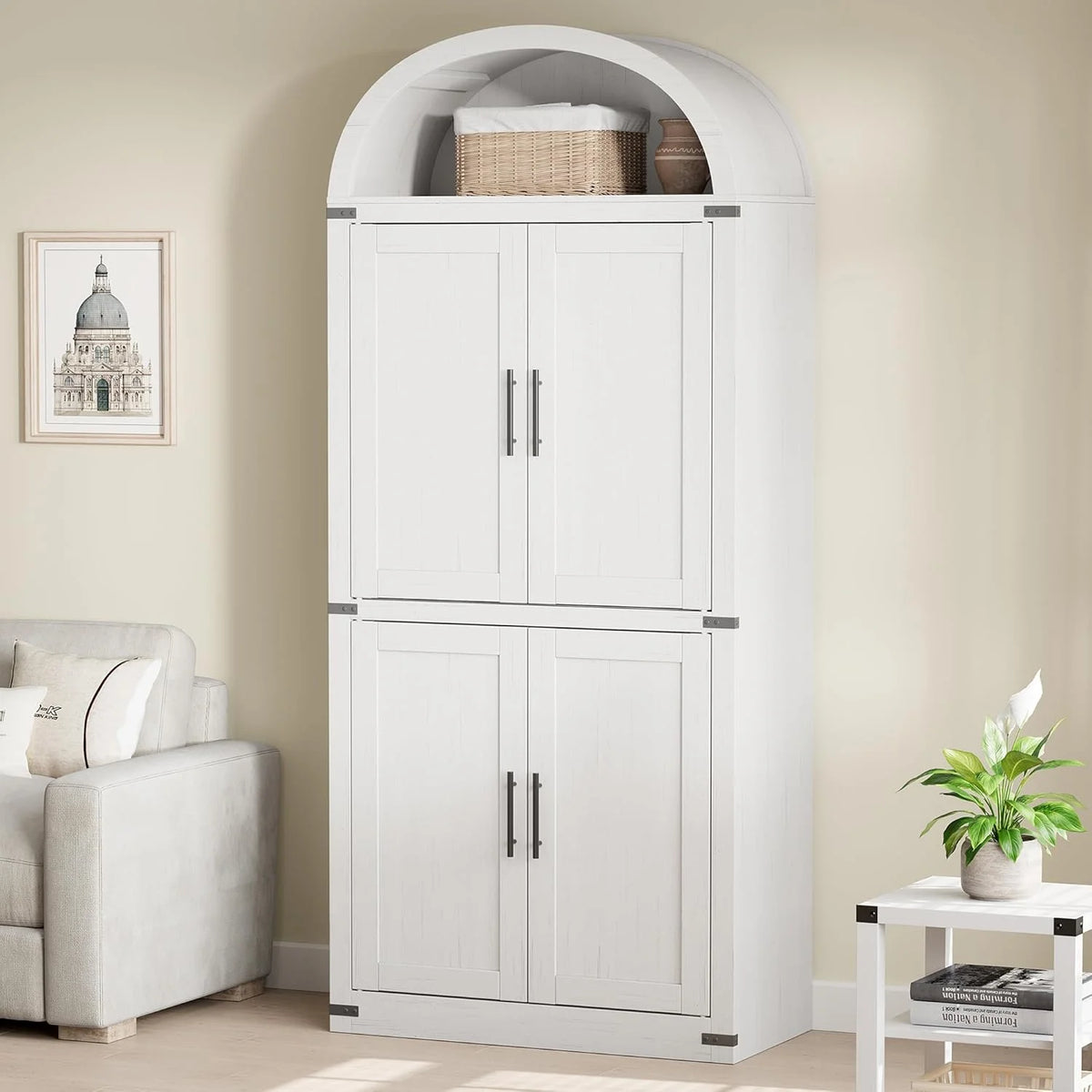 Garvee Arched Storage Cabinet, 71.6" Tall Kitchen Pantry with Doors, 5 - Tier Farmhouse Bookshelf, Large Wooden Display Cabinet for Kitchen, Dining Room, Living Room, White