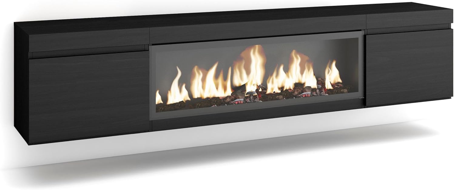 Skraut Home | TV cabinet | TV Bench | Large Storage Space | 210 | for TVs up to 80" | XXL electric fireplace | Suspended, Wall | Modern Style | Black