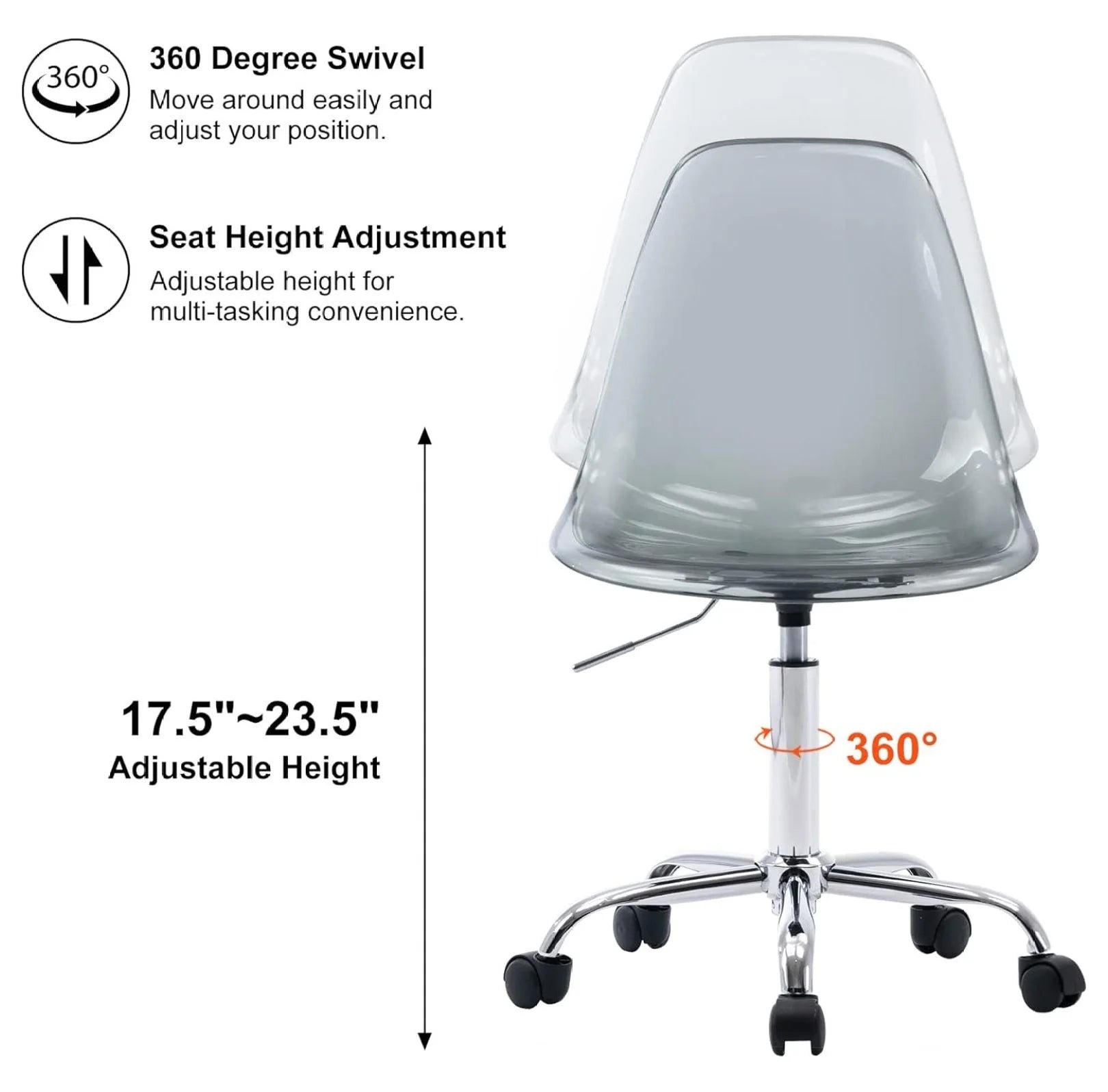 Echoworld Clear Rolling Chair, Armless Desk Chair with Golden Feet Swivel Molded Plastic Shell Adjustable - Product image 30