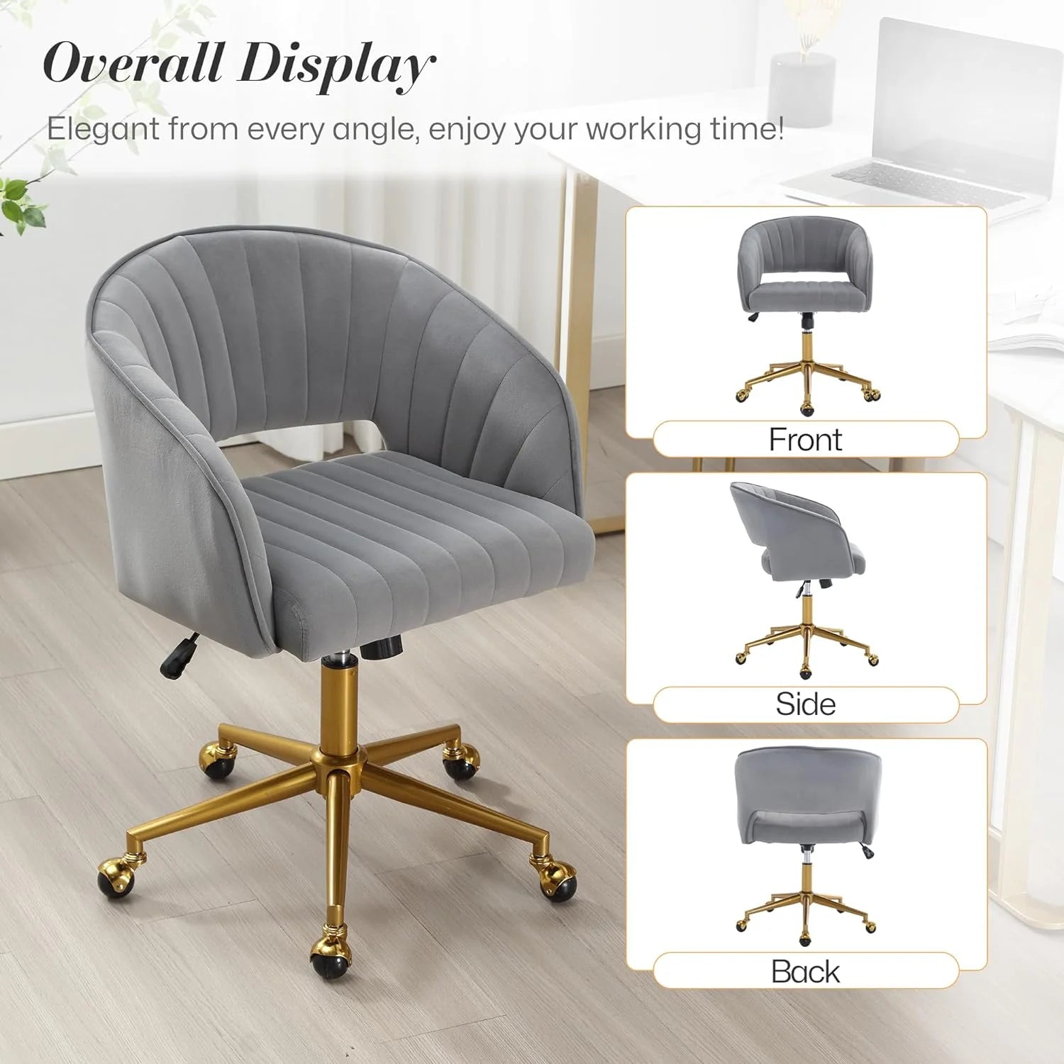 Home Office Swivel Desk Chair, Modern Velvet Vanity Chair, Height Adjustable Armchair with Gold Base - Product image 21