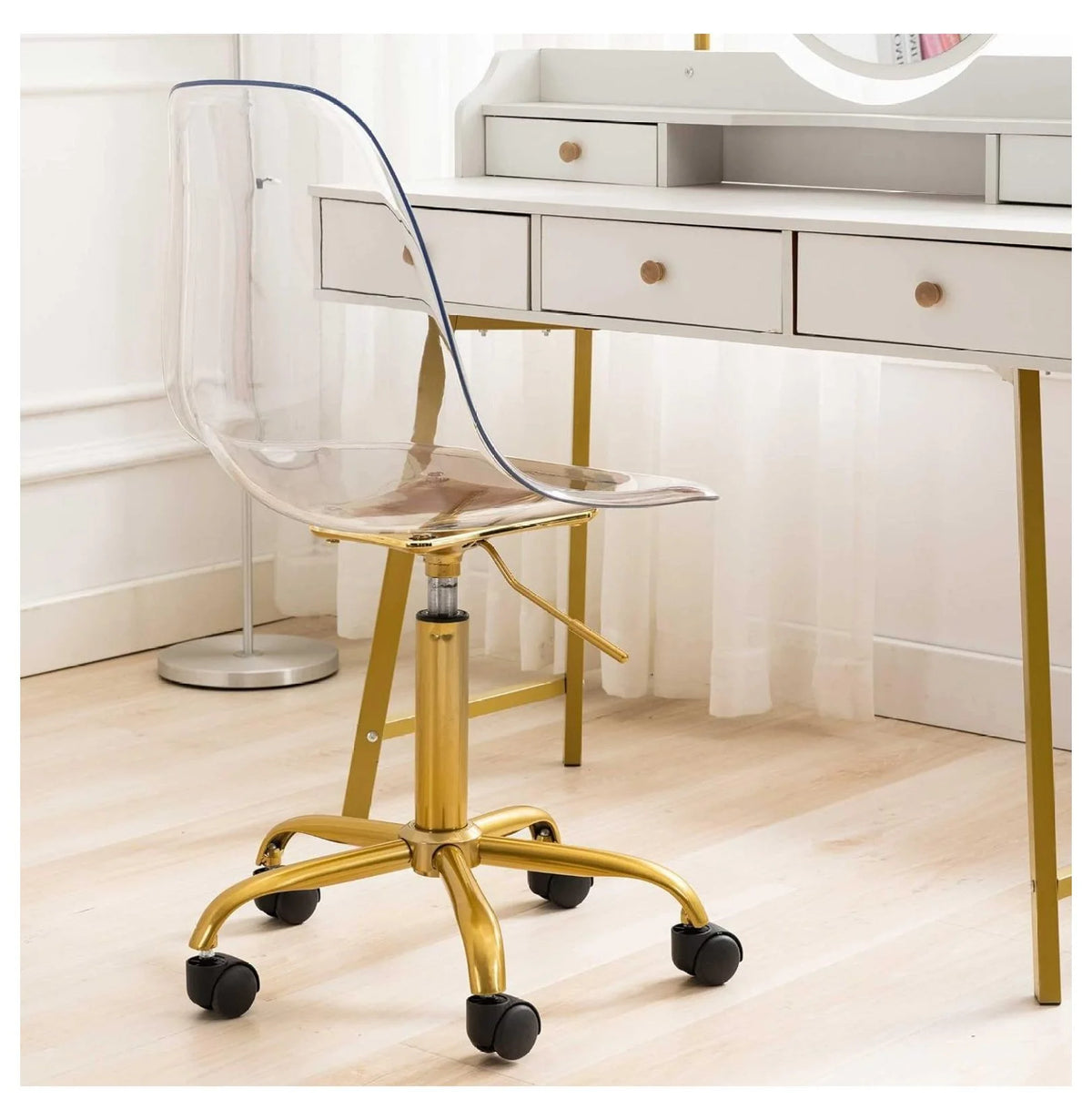 Echoworld Clear Rolling Chair, Armless Desk Chair with Golden Feet Swivel Molded Plastic Shell Adjustable - Product image 12