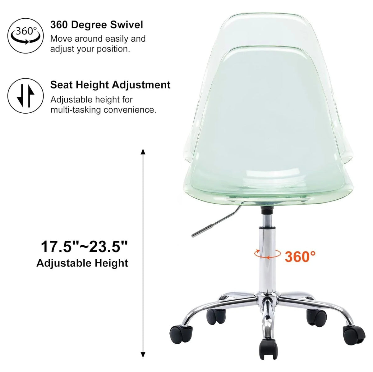 Echoworld Clear Rolling Chair, Armless Desk Chair with Golden Feet Swivel Molded Plastic Shell Adjustable - Product image 19
