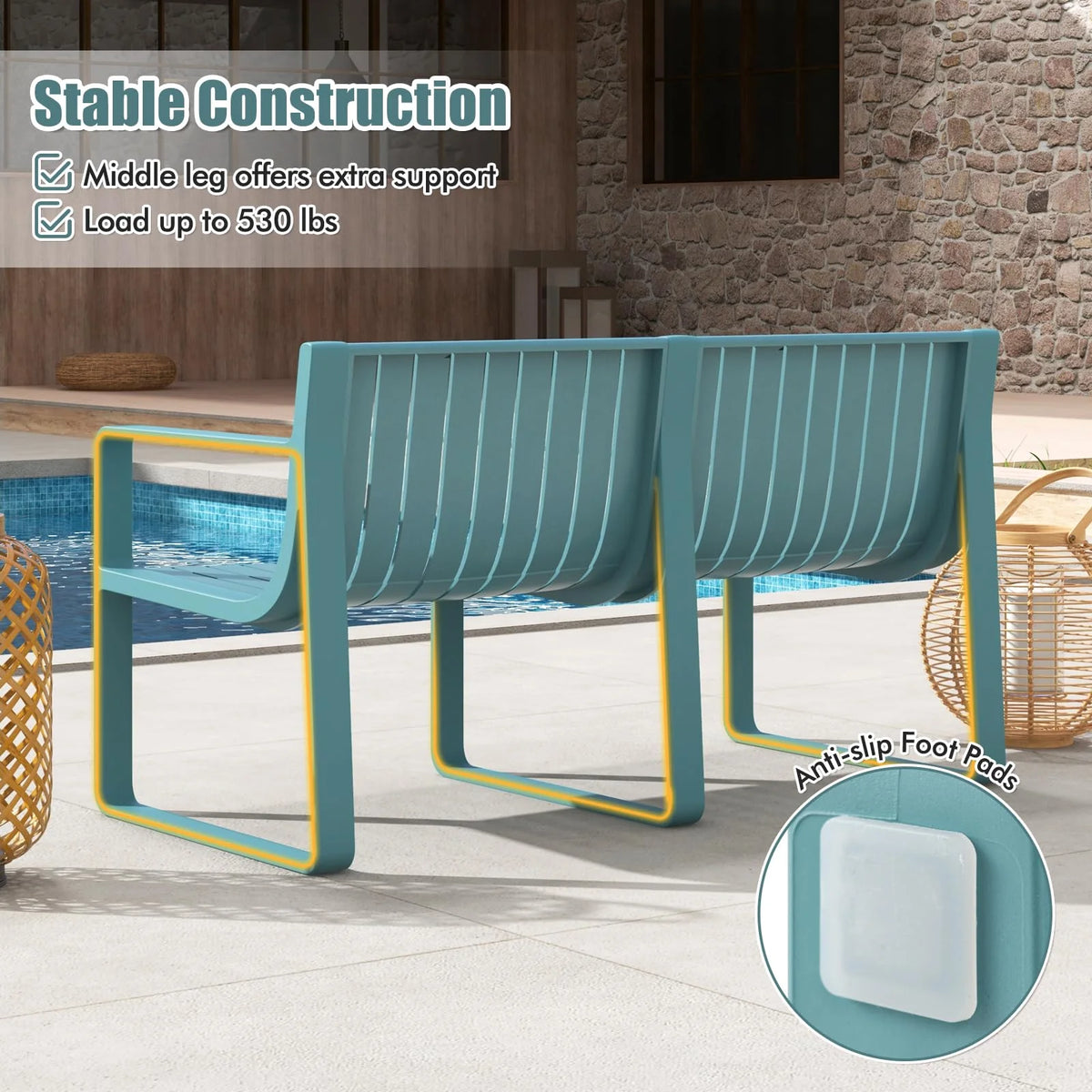 All-Weather Plastic Outdoor Patio Bench, 2-Person Garden Loveseat with Curved Backrest & Slatted Design for - Product image 4