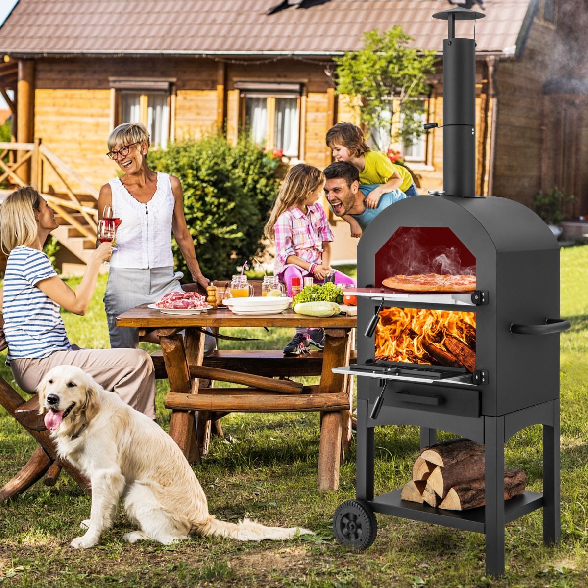 Outdoor Charcoal Pizza Oven with Pizza Shovel Pizza Stone Waterproof Cover Chimney and Double Thermometer Black -