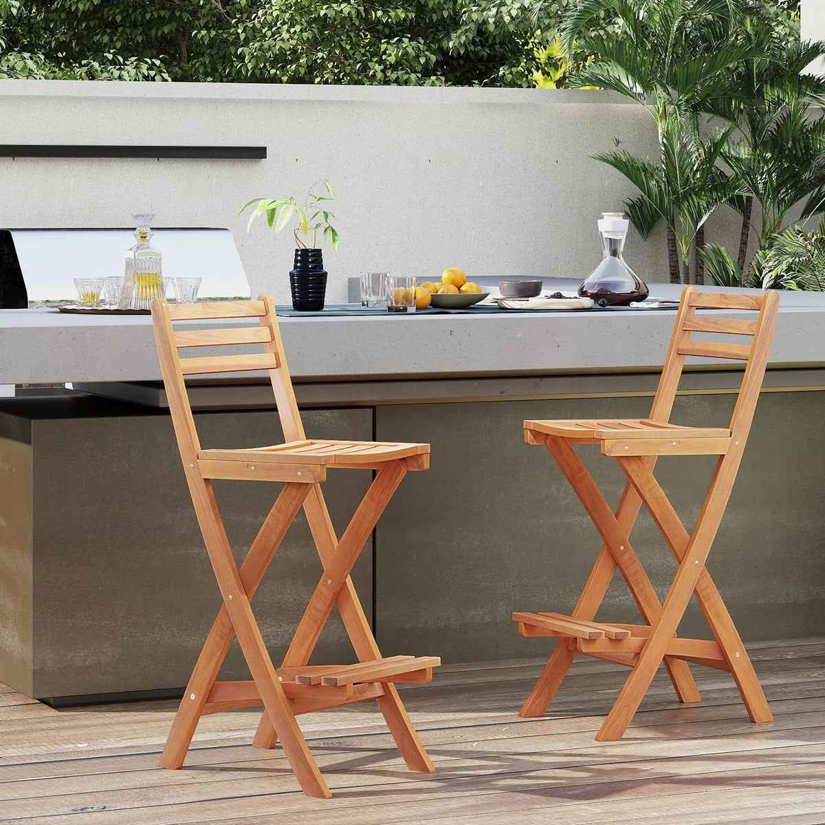 Tangkula Outdoor Portable High Top Acacia Wood Bar Height Chair with Backrest & Footrest - Product image 5