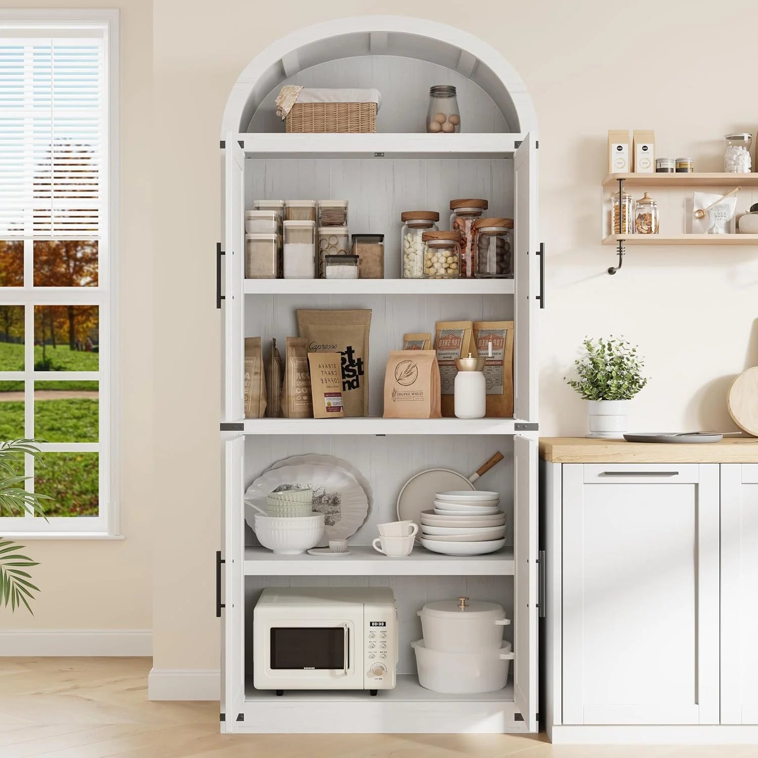 Garvee Arched Storage Cabinet, 71.6" Tall Kitchen Pantry with Doors, 5 - Tier Farmhouse Bookshelf, Large Wooden Display Cabinet for Kitchen, Dining Room, Living Room, White
