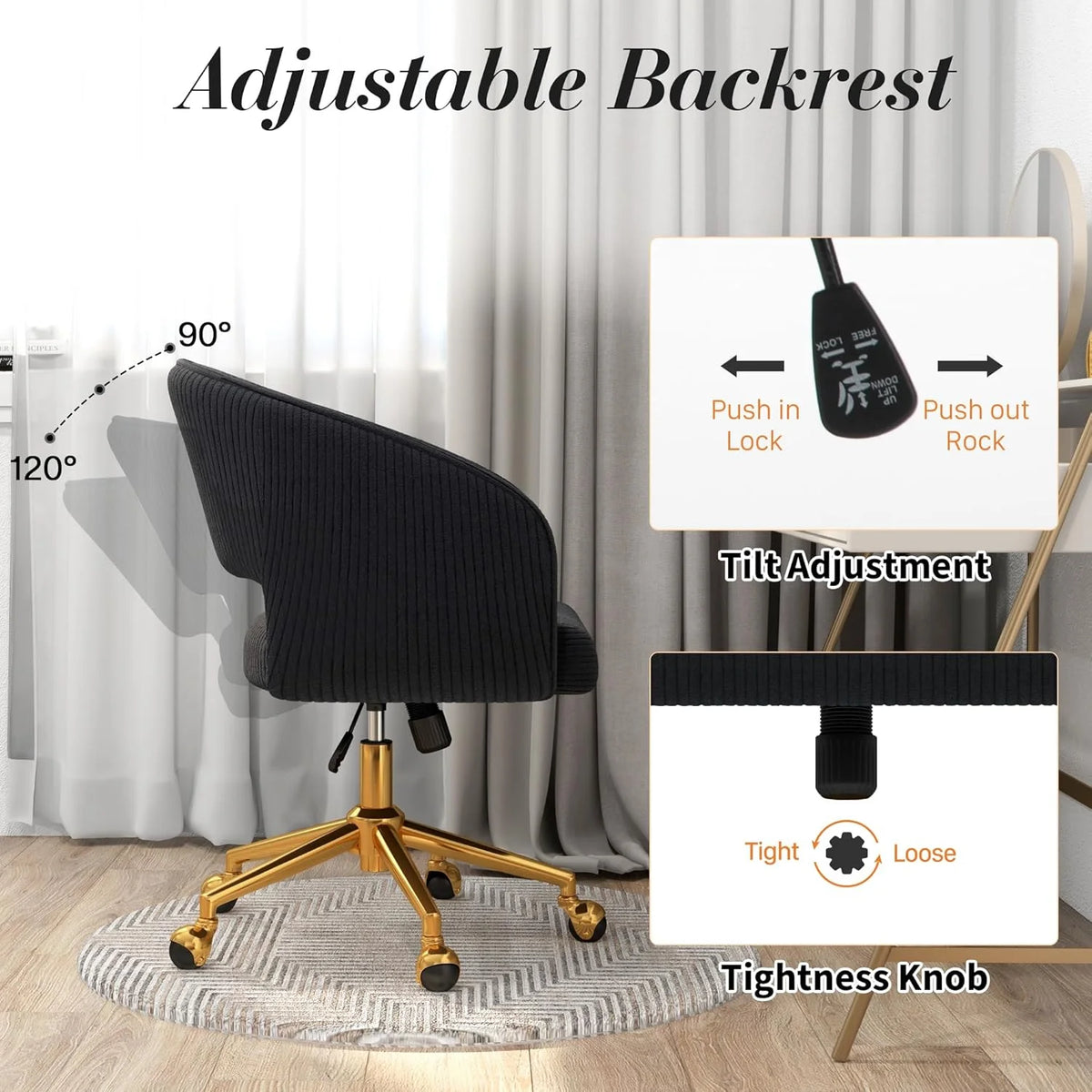 Home Office Swivel Desk Chair, Modern Velvet Vanity Chair, Height Adjustable Armchair with Gold Base - Product image 42
