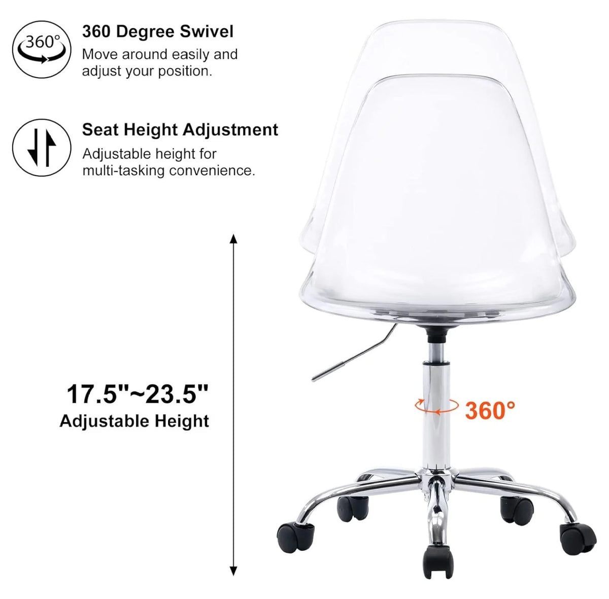Echoworld Clear Rolling Chair, Armless Desk Chair with Golden Feet Swivel Molded Plastic Shell Adjustable - Product image 13
