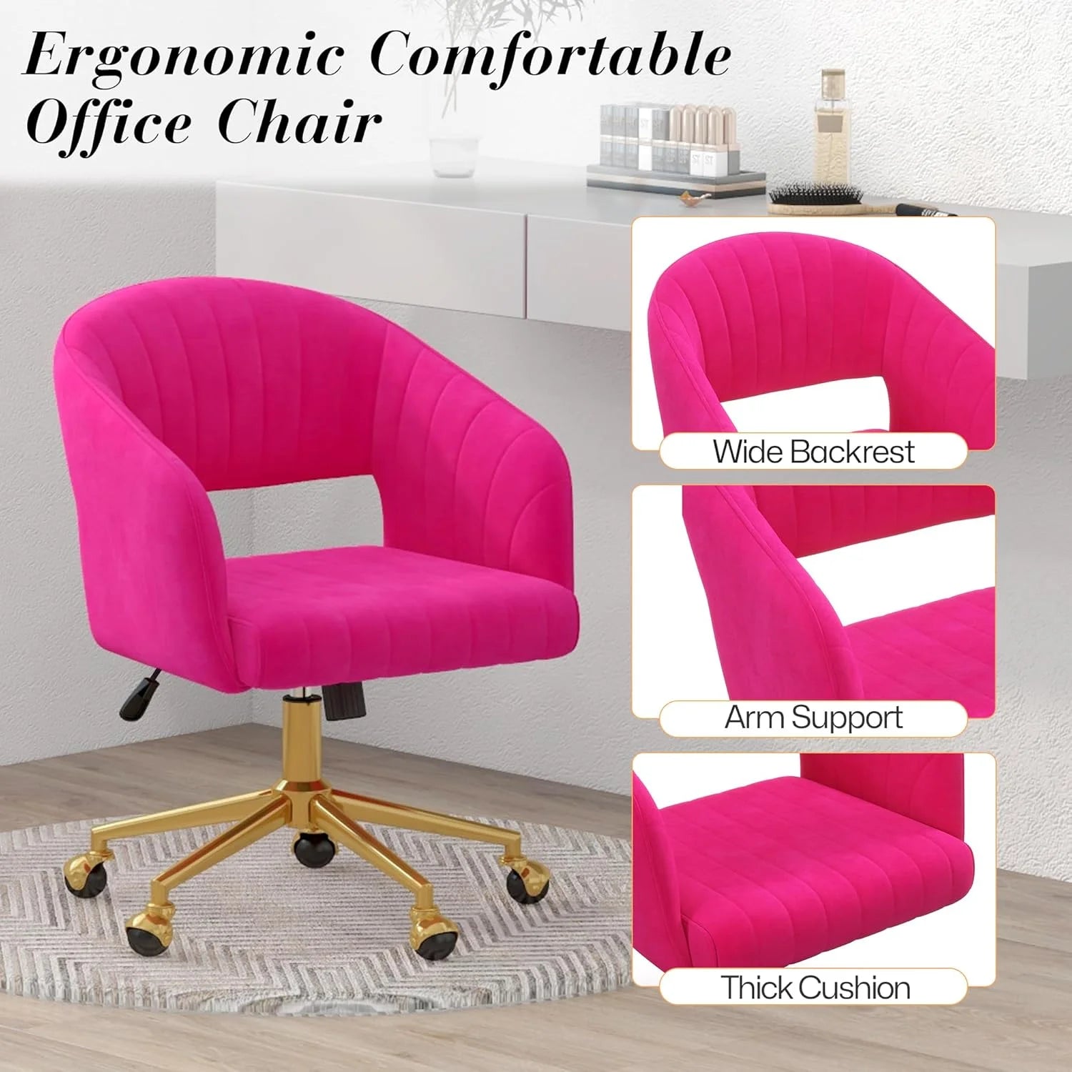 Home Office Swivel Desk Chair, Modern Velvet Vanity Chair, Height Adjustable Armchair with Gold Base - Product image 25