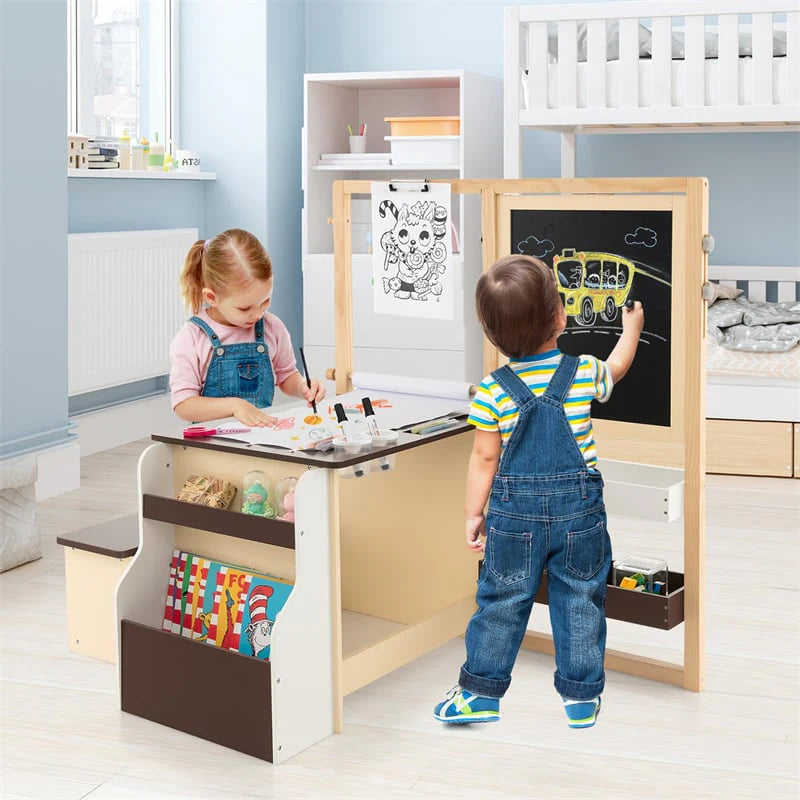 Kids Wooden Art Center Easel with Adjustable Double-Sided Blackboard & Whiteboard, Paper Roll - Product image 1