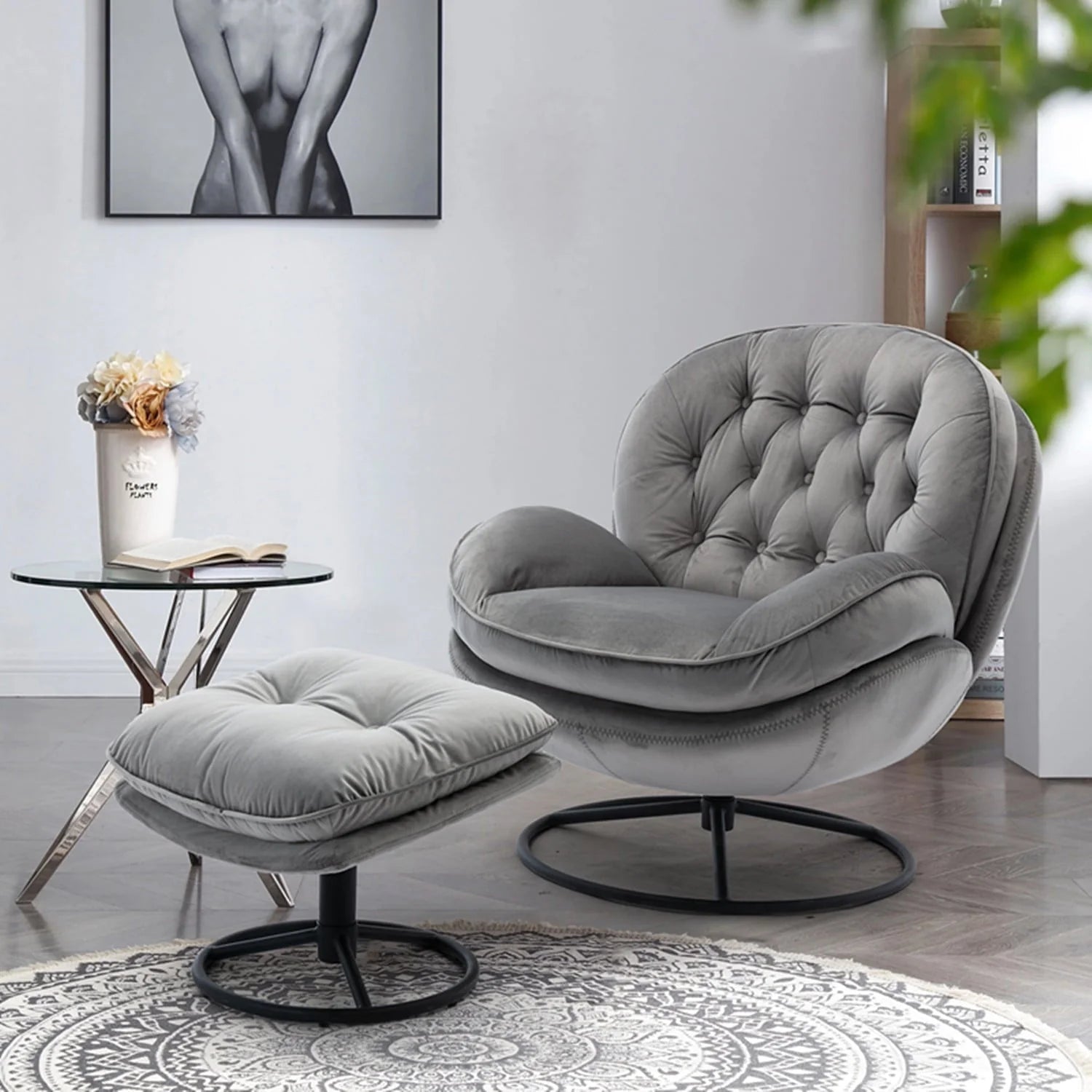 Velvet Swivel Accent Chair with Ottoman Set, Modern Lounge Chair with Footrest and Metal Base Comfy - Product image 10