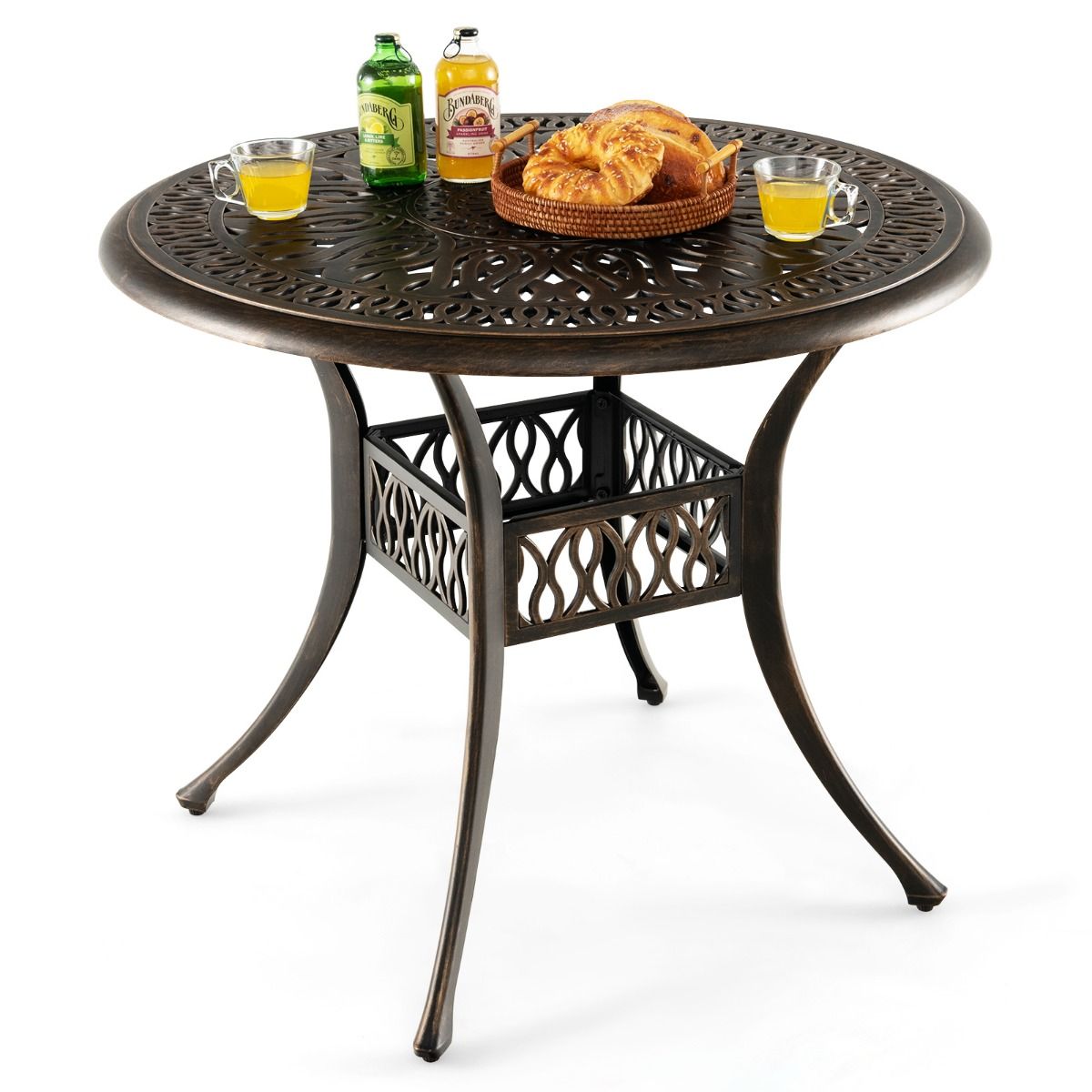 Round Garden Table in Cast Aluminum 90x90x74CM with Hole for 5CM Parasol Outdoor Table with Adjustable Non-Slip Foot -