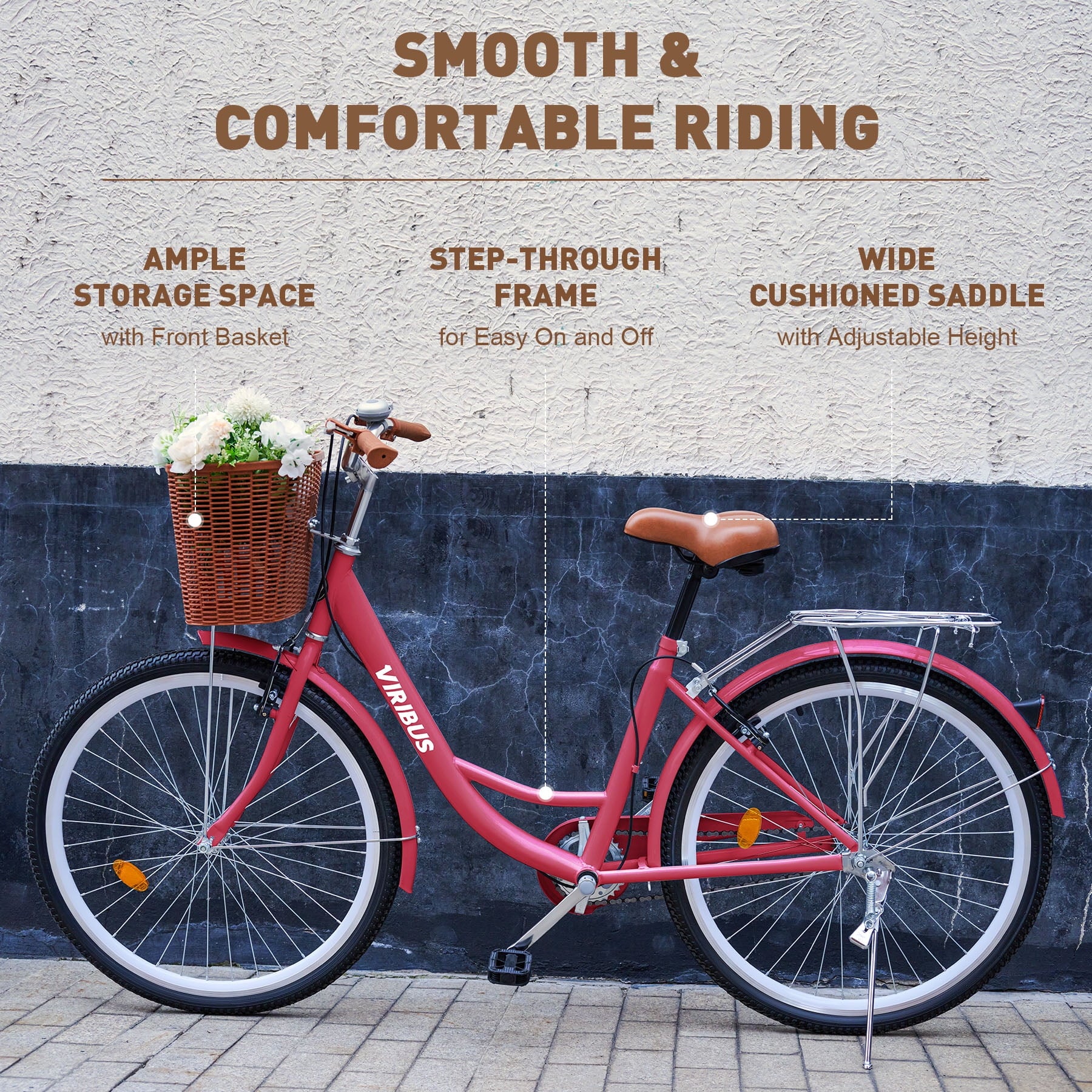 Viribus Women'S Comfort Bike 24 in Beach & City Cruiser Bicycle with Basket Rack White