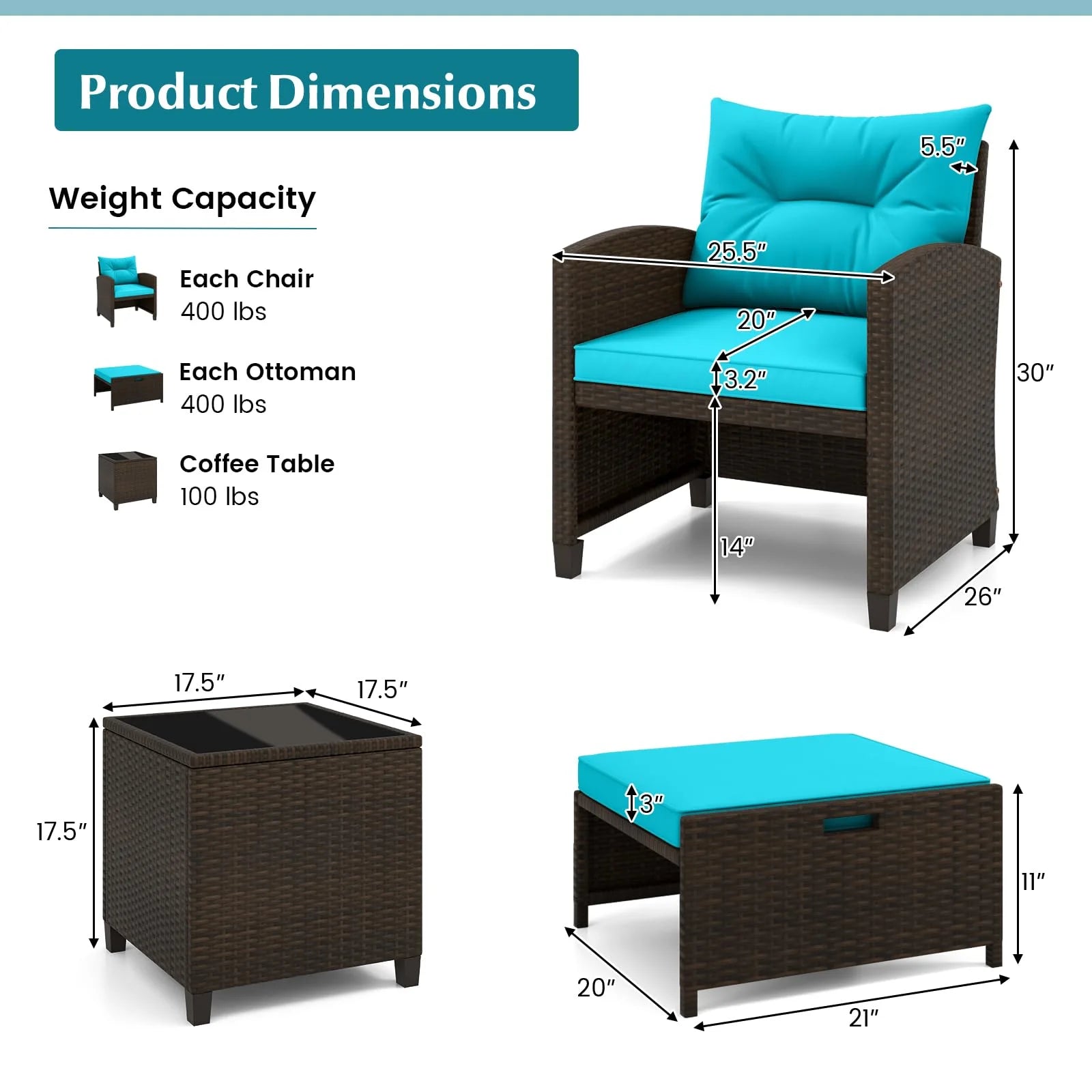 Tangkula 5 Piece Patio Rattan Furniture - Wicker Cushioned Chairs Set w/ 2 Ottomans & Tempered Glass Coffee - Product image 3