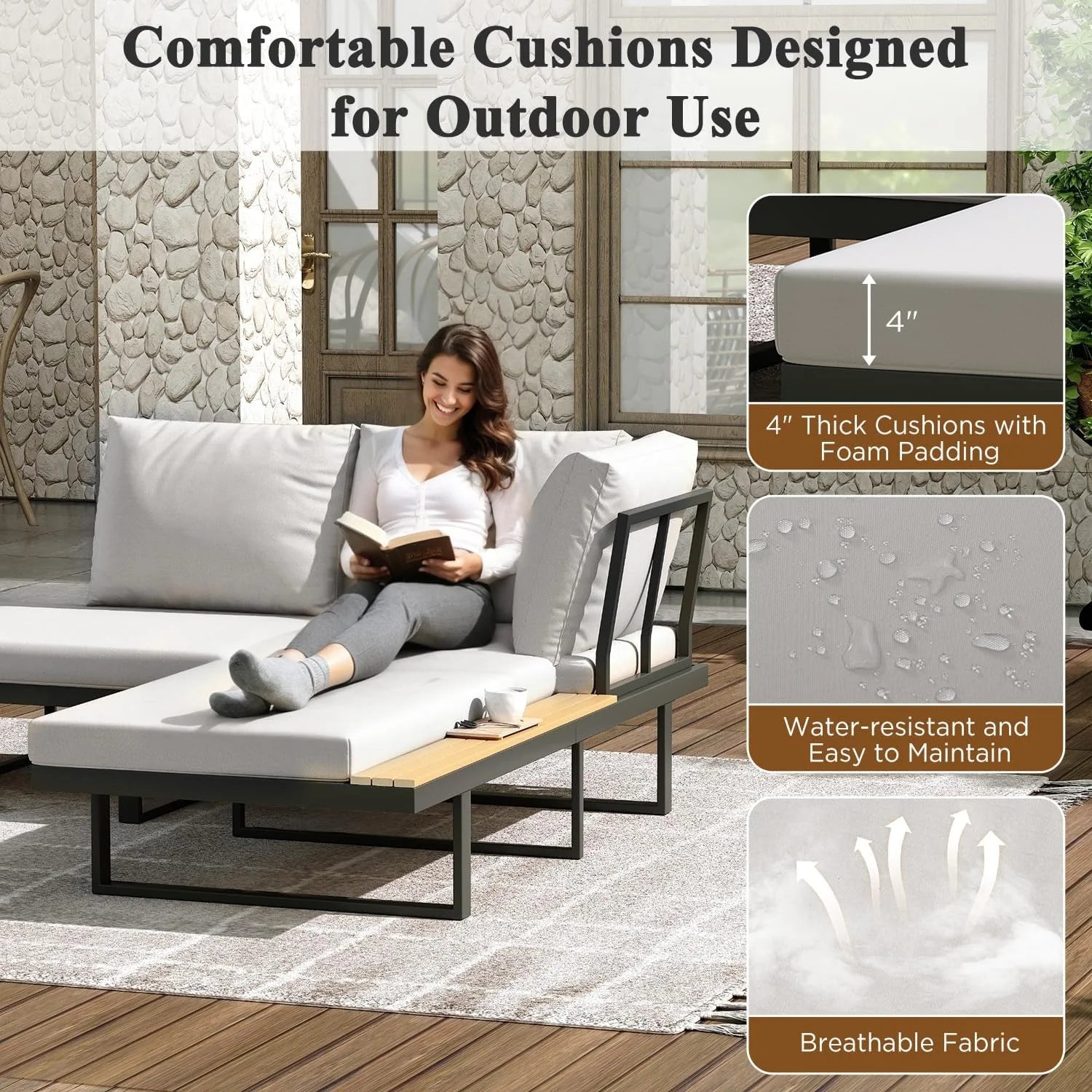 AECOJOY 4 Piece Metal Patio Furniture Set with Waterproof Cover, Convertible Outdoor Daybed with Coffee - Product image 6
