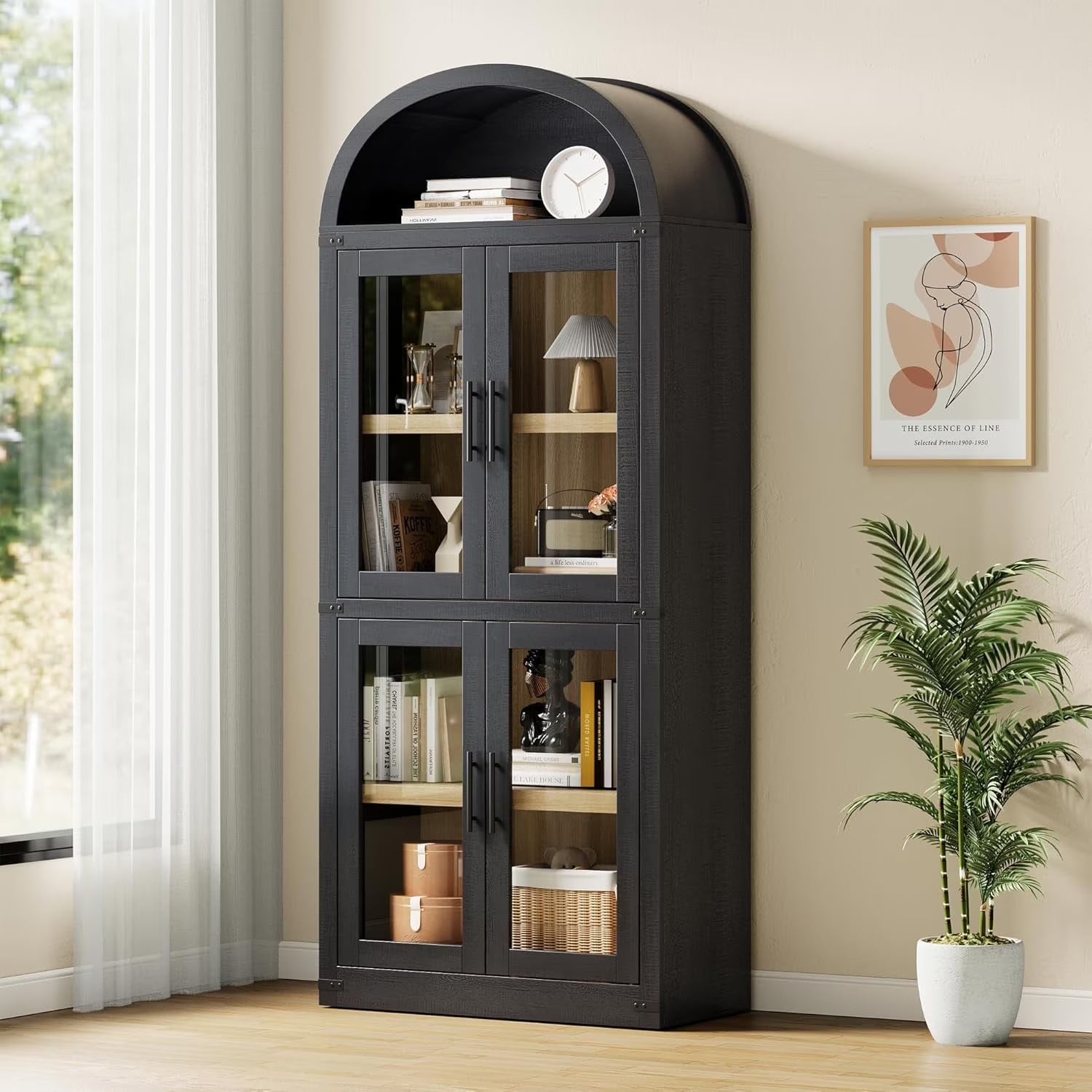Garvee Arched Storage Cabinet, 71.6" Tall Kitchen Pantry with Doors, 5 - Tier Farmhouse Bookshelf, Large Wooden Display Cabinet for Kitchen, Dining Room, Living Room, White
