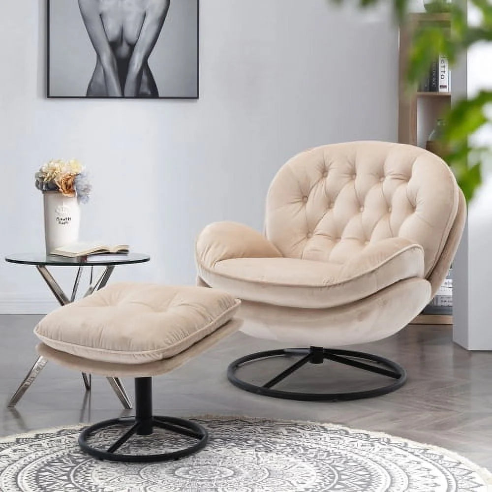 Velvet Swivel Accent Chair with Ottoman Set, Modern Lounge Chair with Footrest and Metal Base Comfy - Product image 2