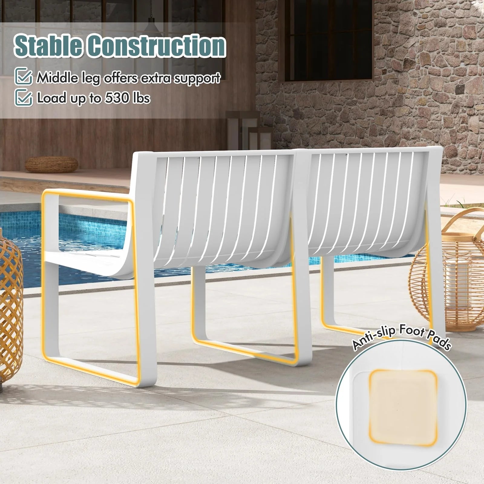 All-Weather Plastic Outdoor Patio Bench, 2-Person Garden Loveseat with Curved Backrest & Slatted Design - Product image 14