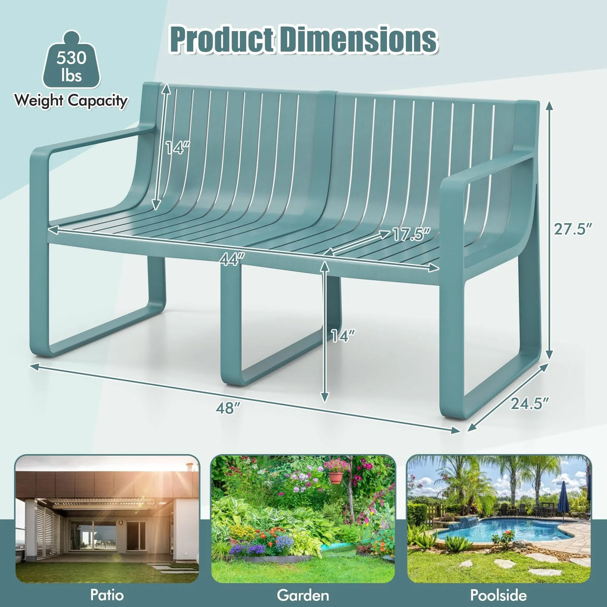All-Weather Plastic Outdoor Patio Bench, 2-Person Garden Loveseat with Curved Backrest & Slatted Design for - Product image 9