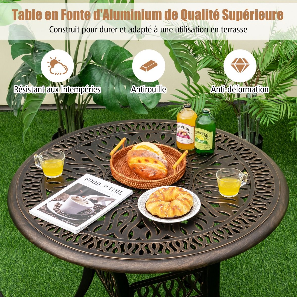 Round Garden Table in Cast Aluminum 90x90x74CM with Hole for 5CM Parasol Outdoor Table with Adjustable Non-Slip Foot -