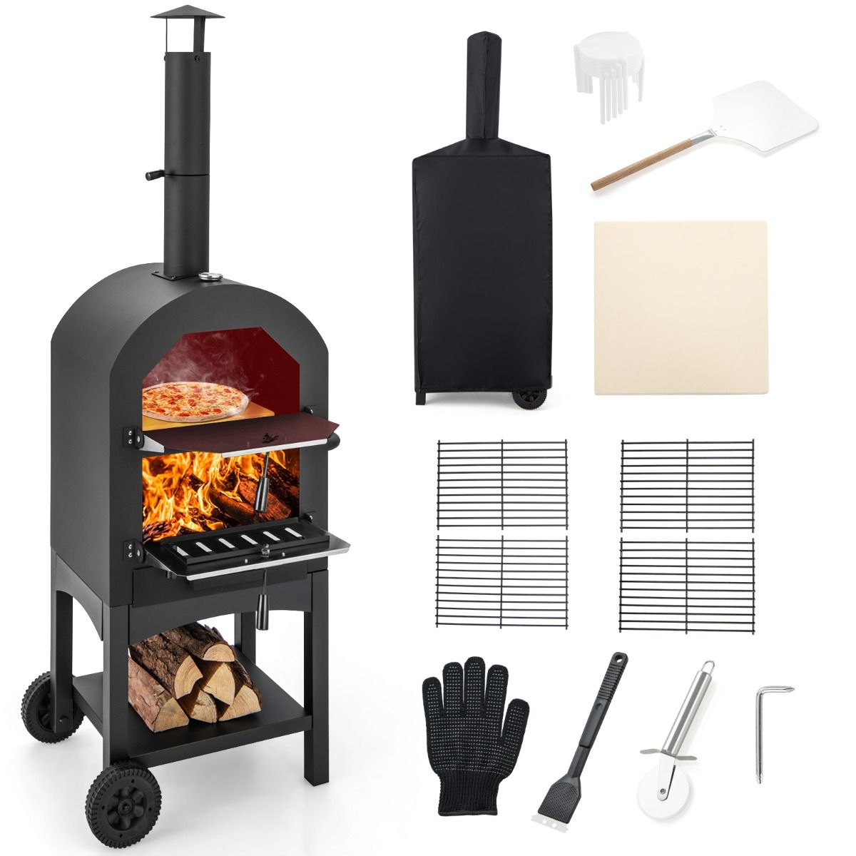 Outdoor Charcoal Pizza Oven with Pizza Shovel Pizza Stone Waterproof Cover Chimney and Double Thermometer Black -