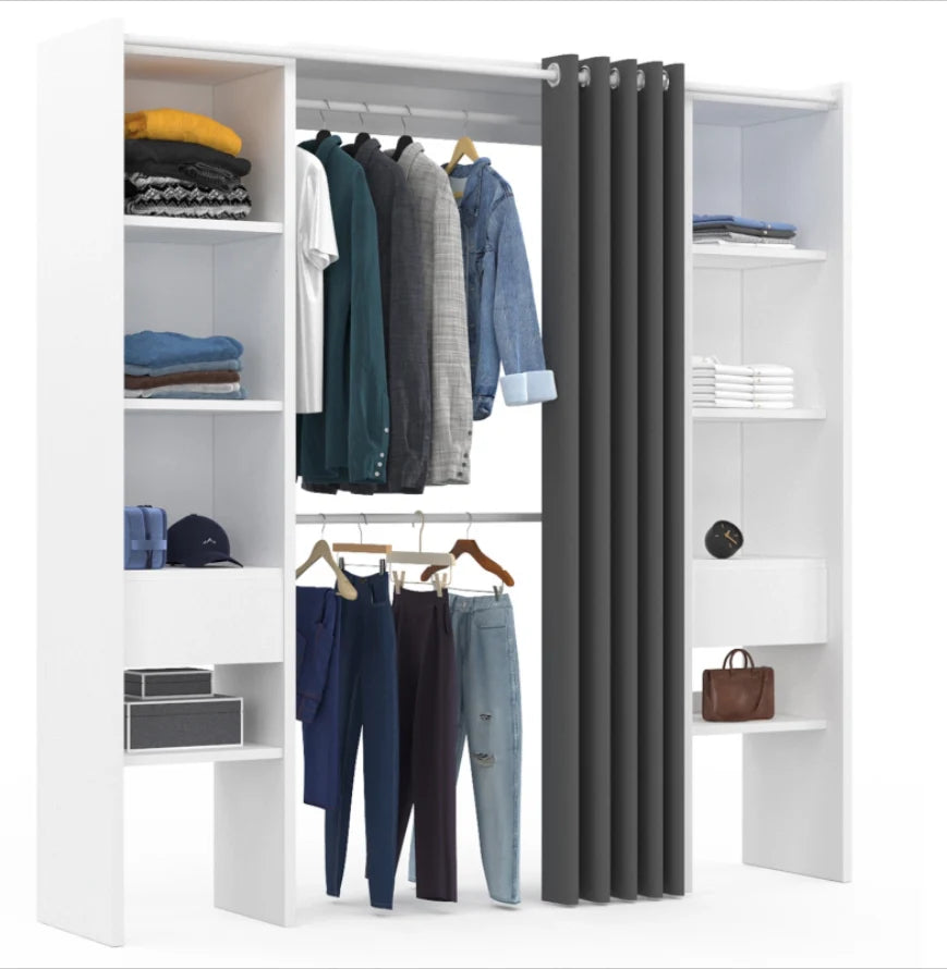 White & Gray Extendable Dressing Room with Curtain - Shelves - Double Wardrobe -