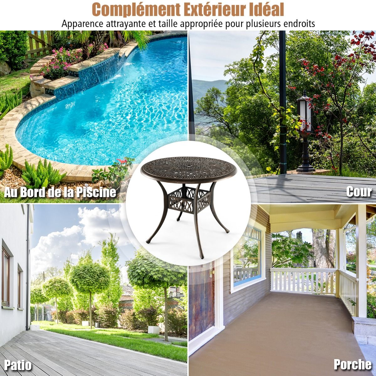 Round Garden Table in Cast Aluminum 90x90x74CM with Hole for 5CM Parasol Outdoor Table with Adjustable Non-Slip Foot -
