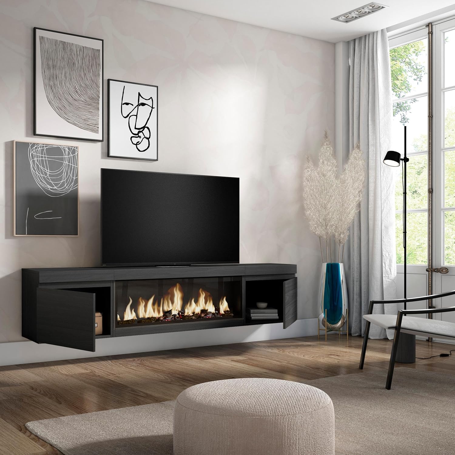 Skraut Home | TV cabinet | TV Bench | Large Storage Space | 210 | for TVs up to 80" | XXL electric fireplace | Suspended, Wall | Modern Style | Black