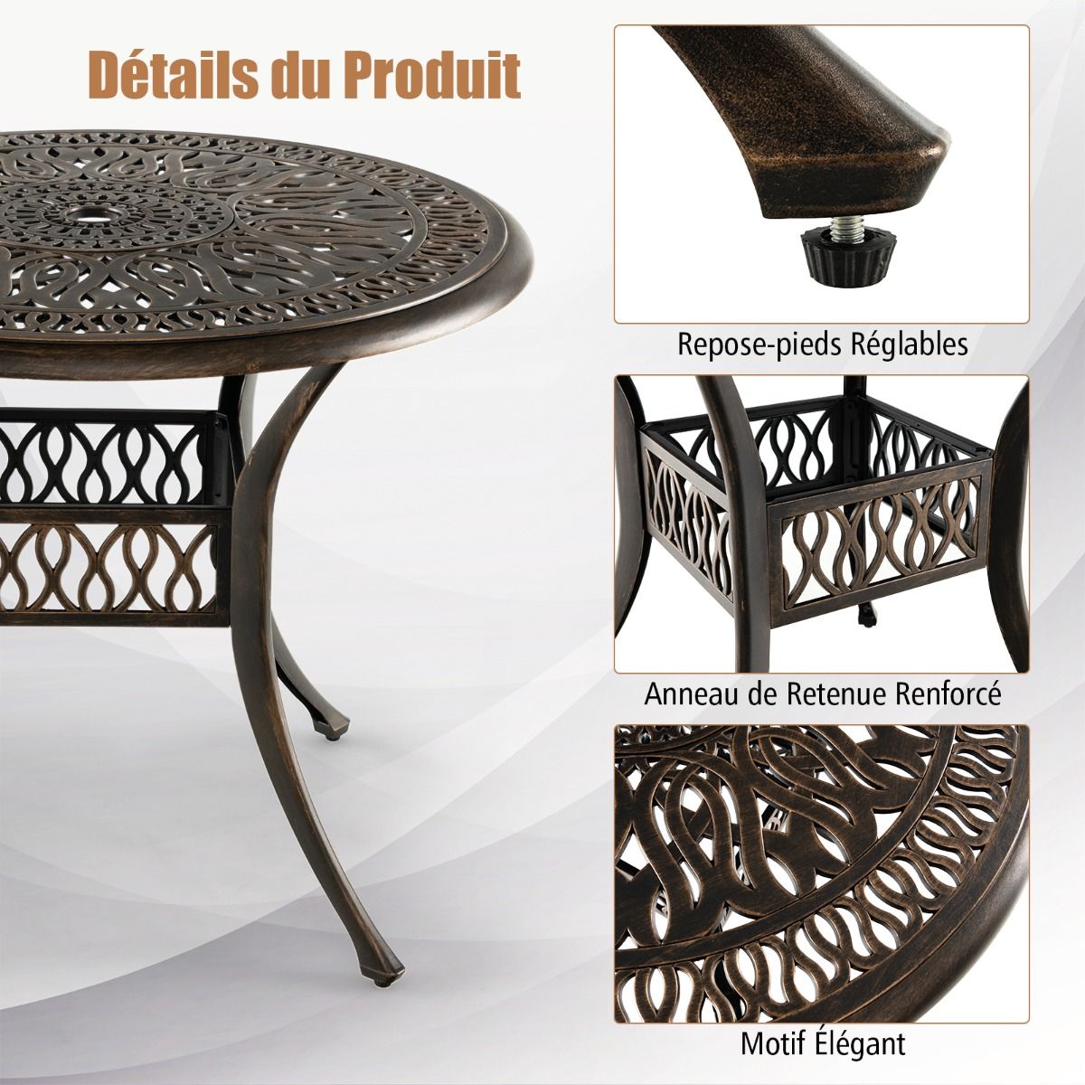 Round Garden Table in Cast Aluminum 90x90x74CM with Hole for 5CM Parasol Outdoor Table with Adjustable Non-Slip Foot -