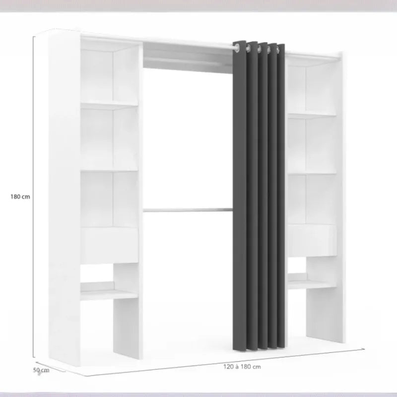 White & Gray Extendable Dressing Room with Curtain - Shelves - Double Wardrobe -
