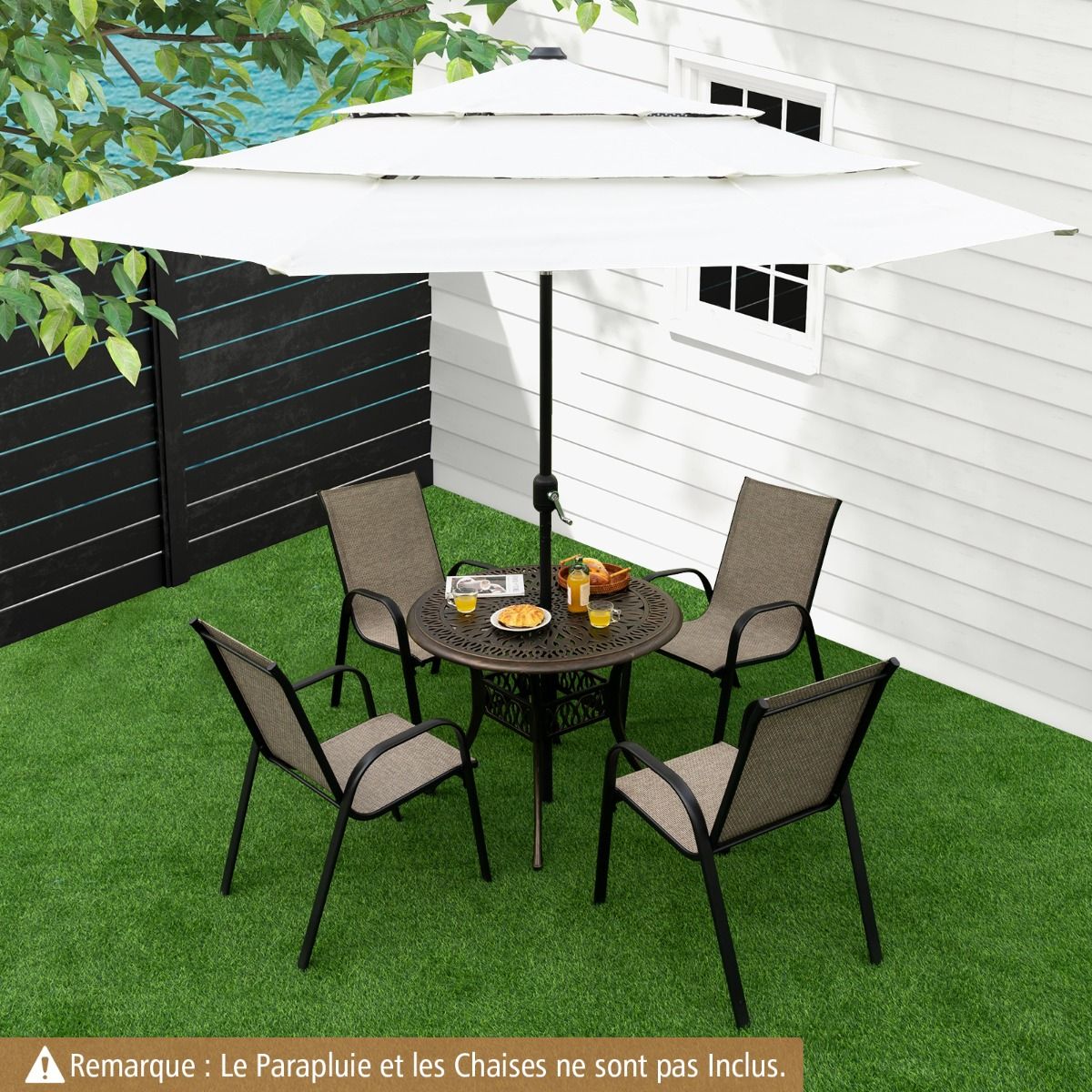 Round Garden Table in Cast Aluminum 90x90x74CM with Hole for 5CM Parasol Outdoor Table with Adjustable Non-Slip Foot -
