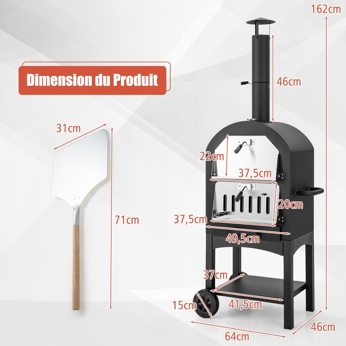 Outdoor Charcoal Pizza Oven with Pizza Shovel Pizza Stone Waterproof Cover Chimney and Double Thermometer Black -