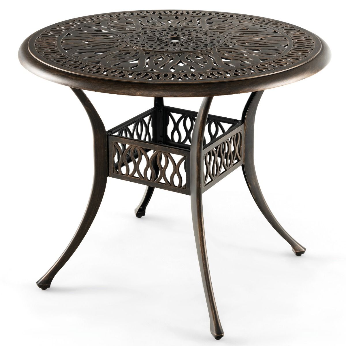 Round Garden Table in Cast Aluminum 90x90x74CM with Hole for 5CM Parasol Outdoor Table with Adjustable Non-Slip Foot -
