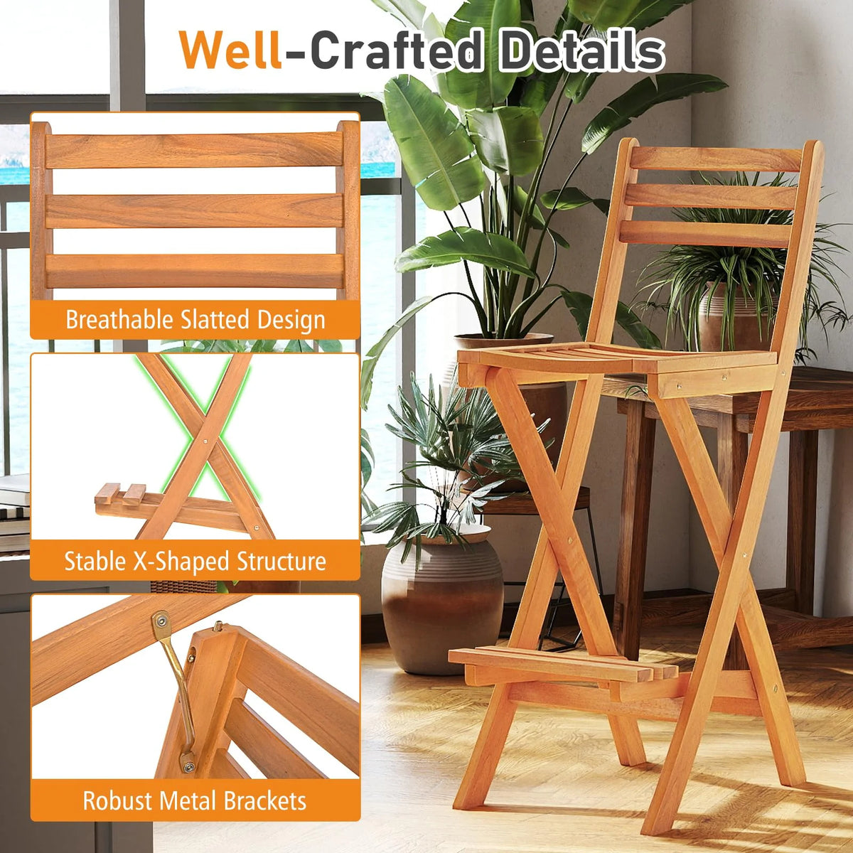 Tangkula Outdoor Portable High Top Acacia Wood Bar Height Chair with Backrest & Footrest - Product image 8