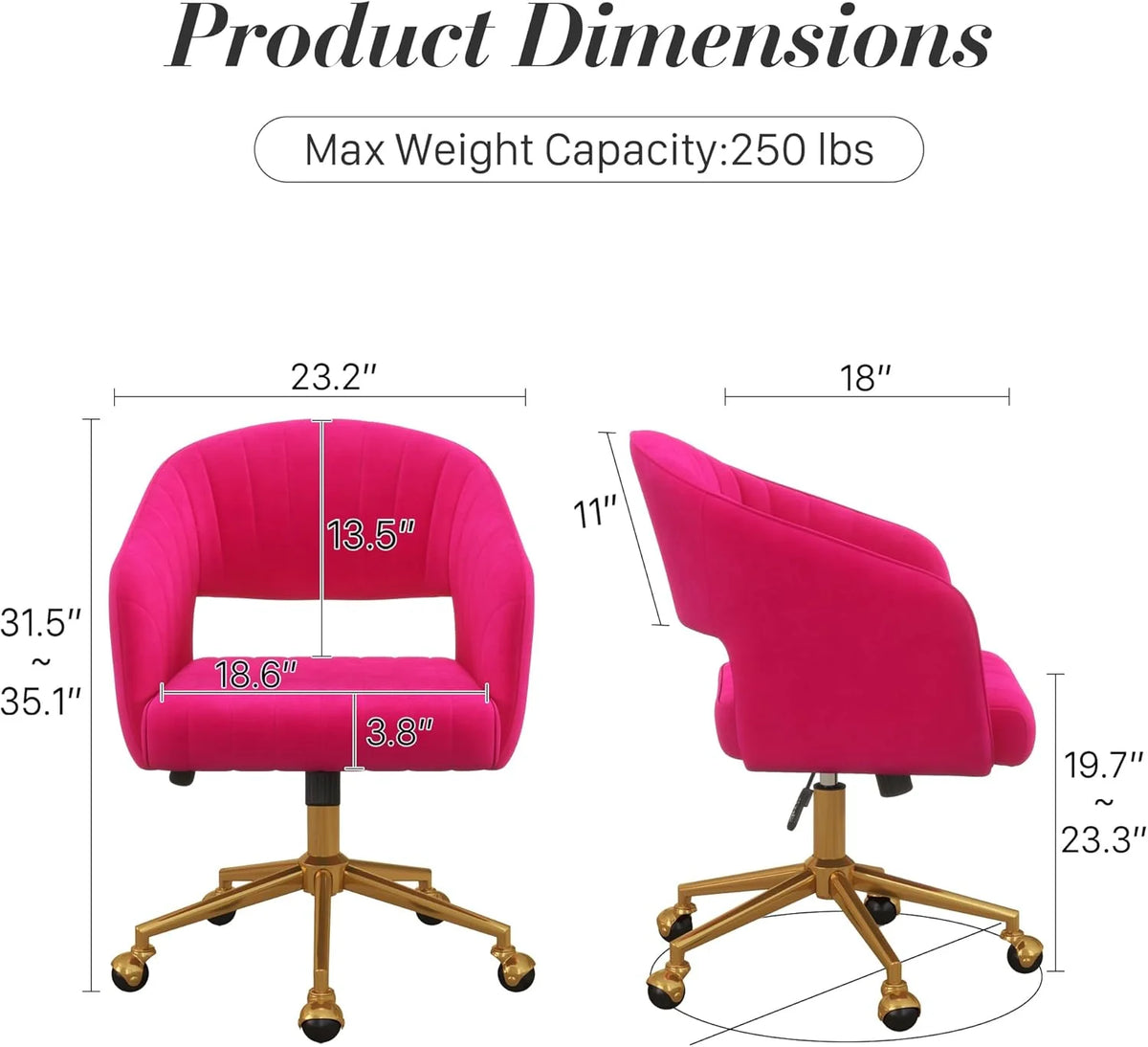Home Office Swivel Desk Chair, Modern Velvet Vanity Chair, Height Adjustable Armchair with Gold Base - Product image 24