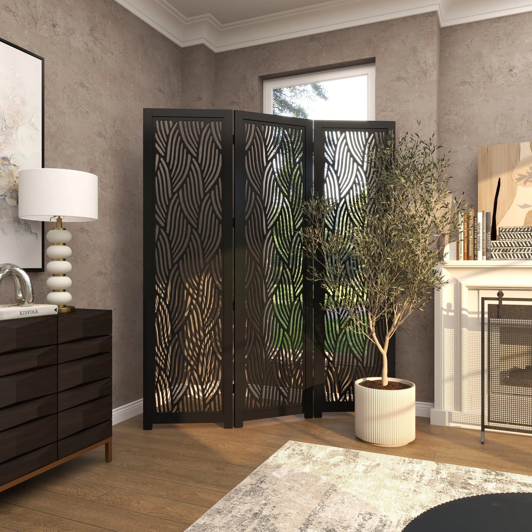 Decmode 60" x 72" Black Mango Wood Abstract Wavy Cutout 3 Panel Room Divider Screen, 1 - Piece - Product image 2