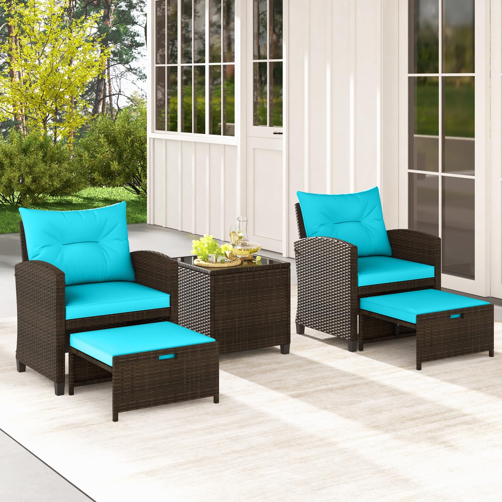 Tangkula 5 Piece Patio Rattan Furniture - Wicker Cushioned Chairs Set w/ 2 Ottomans & Tempered Glass Coffee - Product image 9