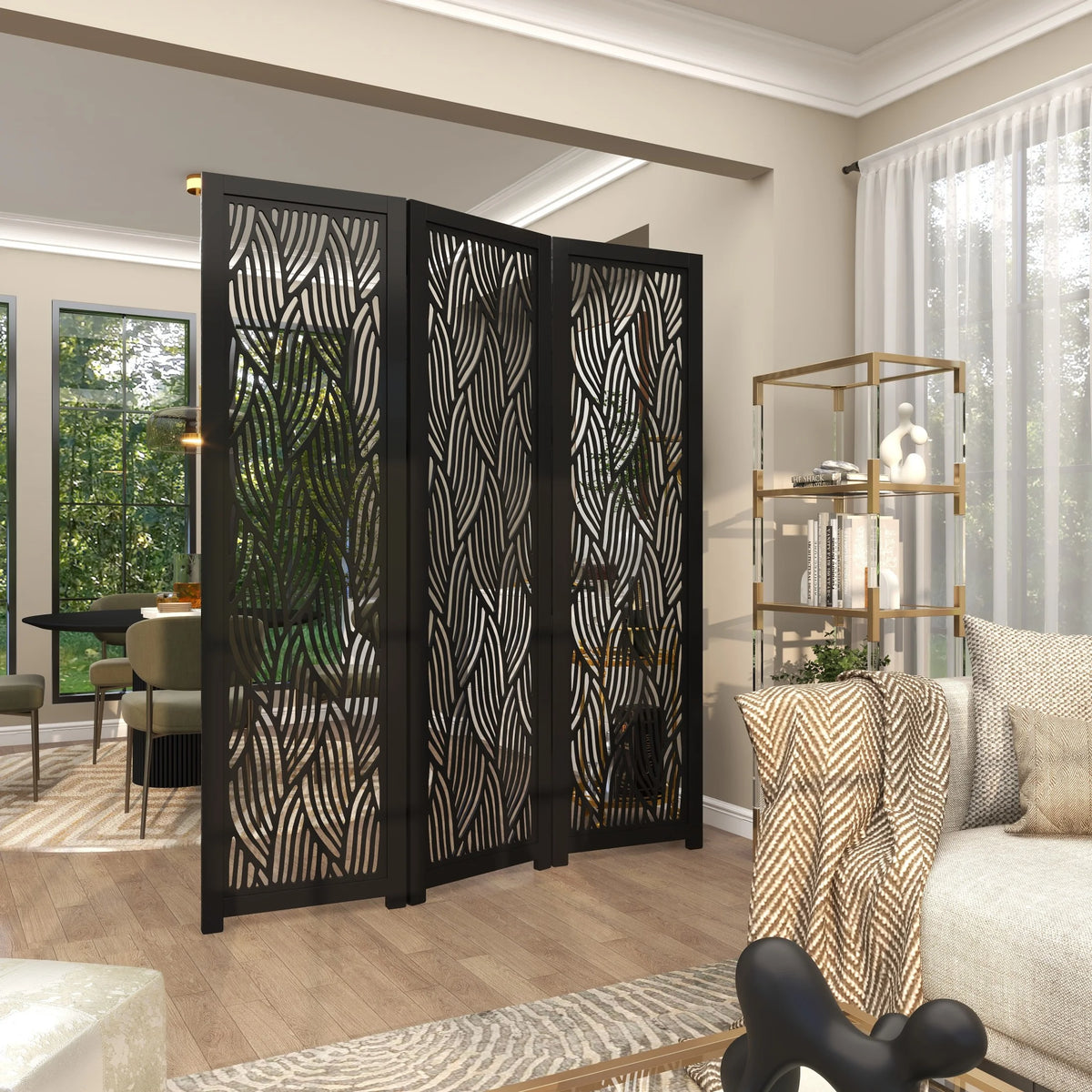 Decmode 60" x 72" Black Mango Wood Abstract Wavy Cutout 3 Panel Room Divider Screen, 1 - Piece - Product image 10