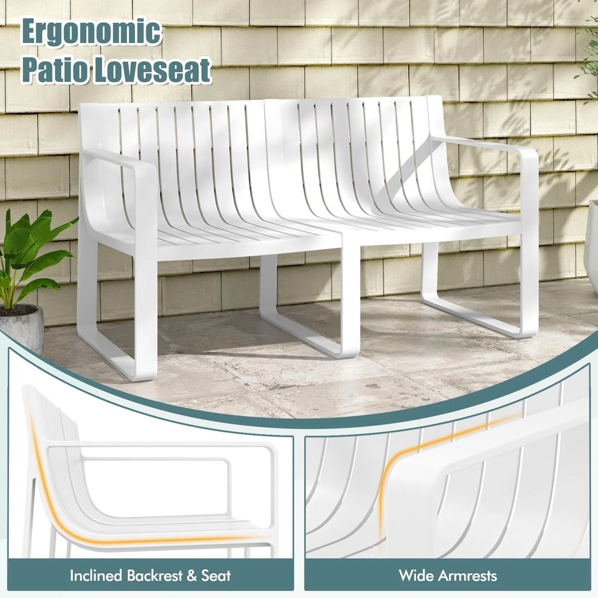 All-Weather Plastic Outdoor Patio Bench, 2-Person Garden Loveseat with Curved Backrest & Slatted Design - Product image 18