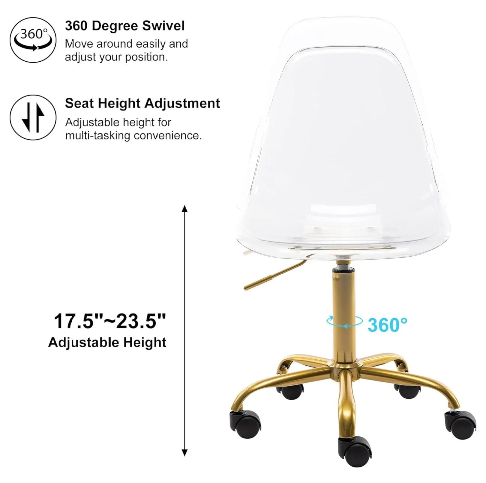 Echoworld Clear Rolling Chair, Armless Desk Chair with Golden Feet Swivel Molded Plastic Shell Adjustable - Product image 4