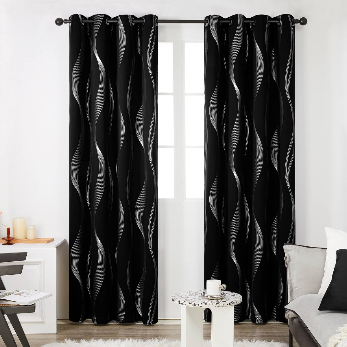 Deconovo Thermal Insulated Room Darkening Black Blackout Curtains with Silver Stripe Pattern - Product image 1