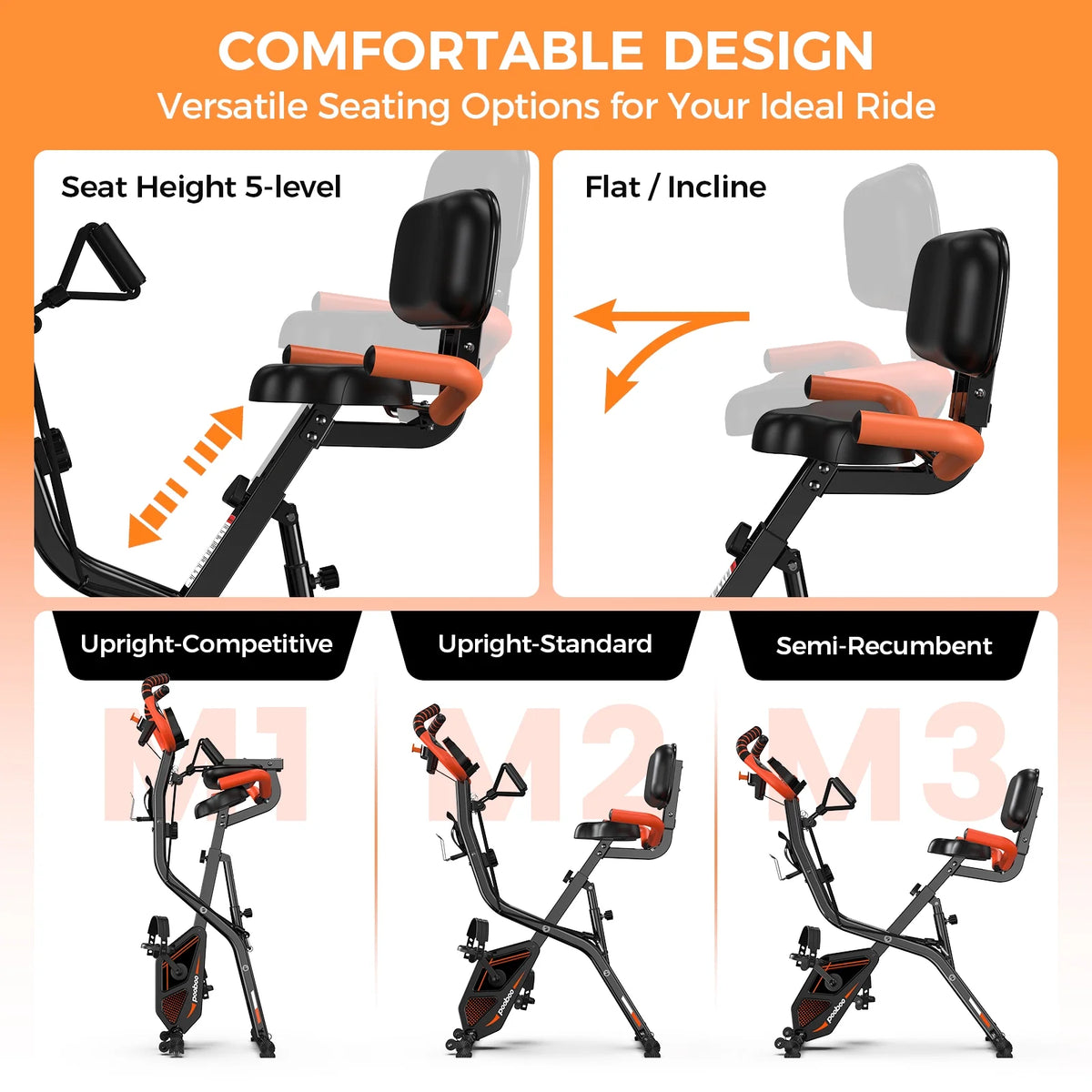 Pooboo 4 - in - 1 Exercise Bike, Foldable Stationary Bike, Tri - Position Indoor Cycling Bike with 8 - Product image 2