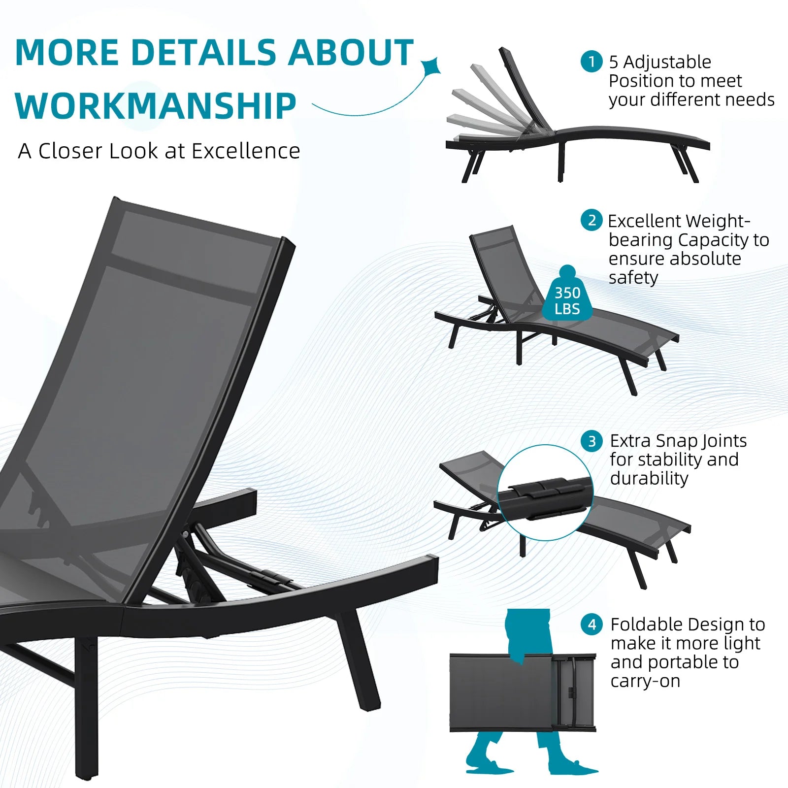 AECOJOY Outdoor Chaise Lounge, All Weather Pool Lounge Chairs Ergonomic Design (Dark Grey, 2 PCs) - Product image 7