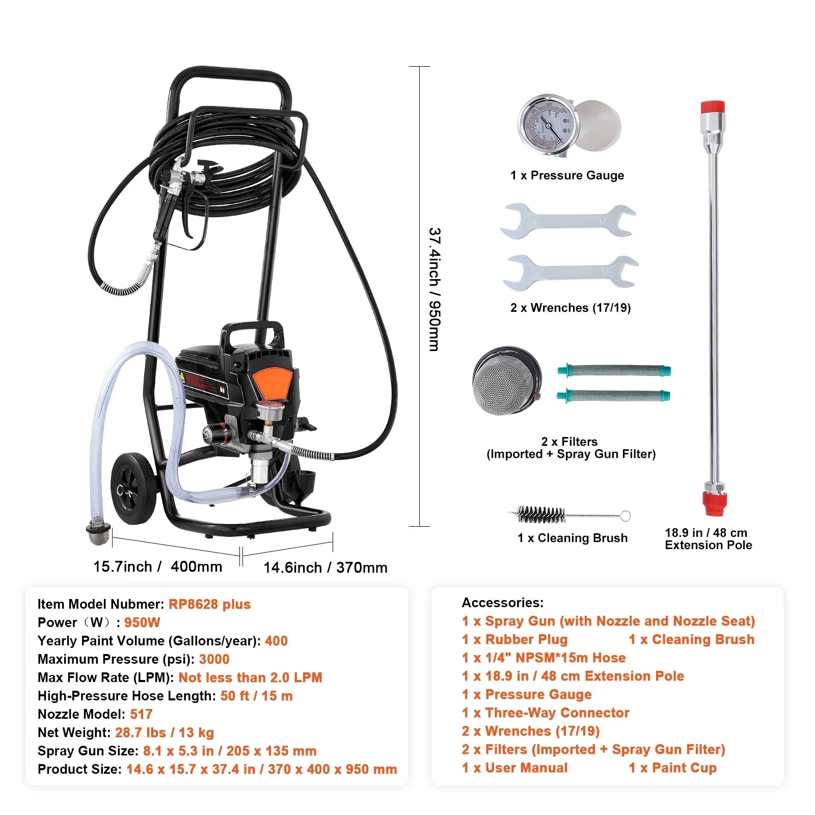 KFFKFF Stand Airless Paint Sprayer 950W 3000PSI Electric Paint Sprayer with Cart - Product image 5