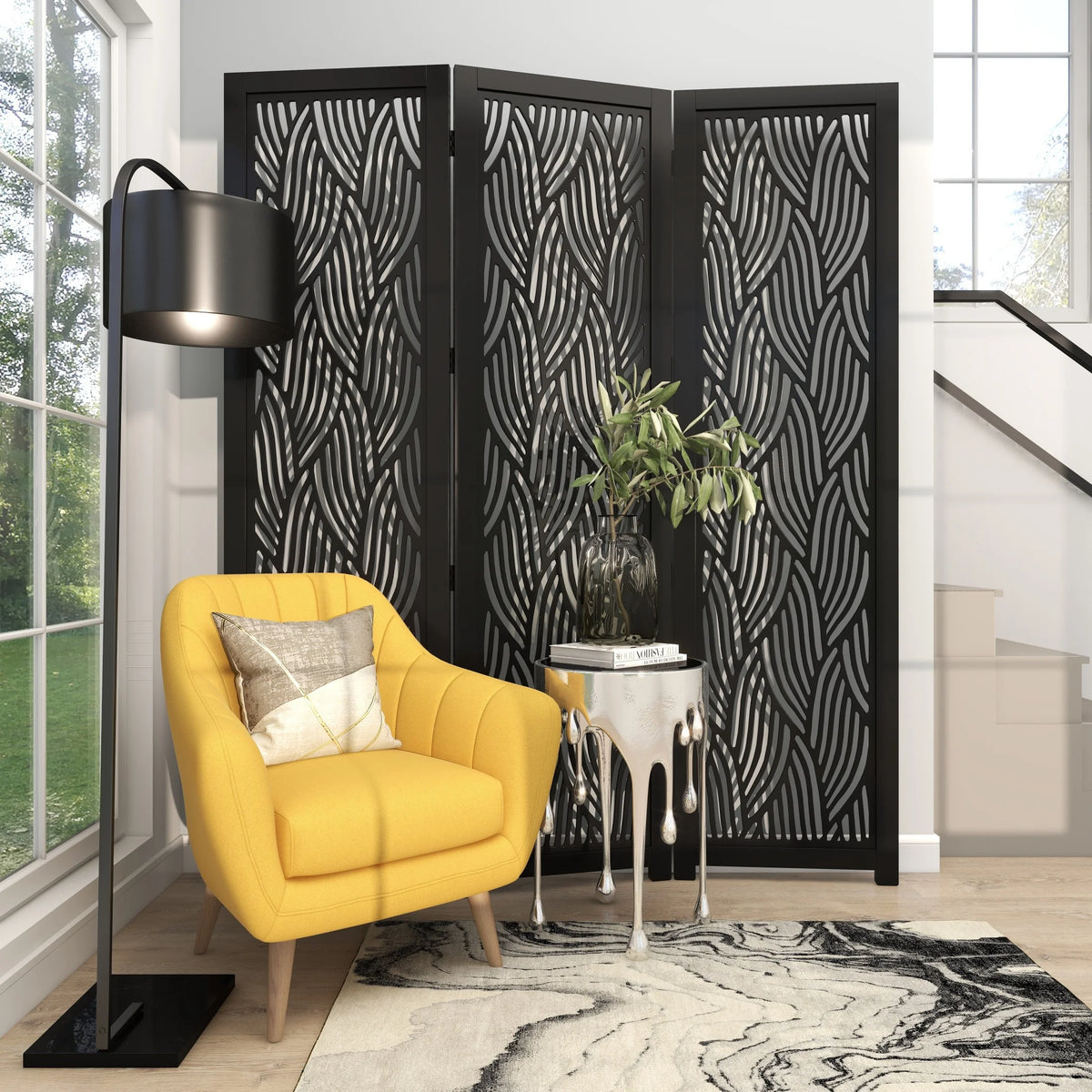 Decmode 60" x 72" Black Mango Wood Abstract Wavy Cutout 3 Panel Room Divider Screen, 1 - Piece - Product image 8