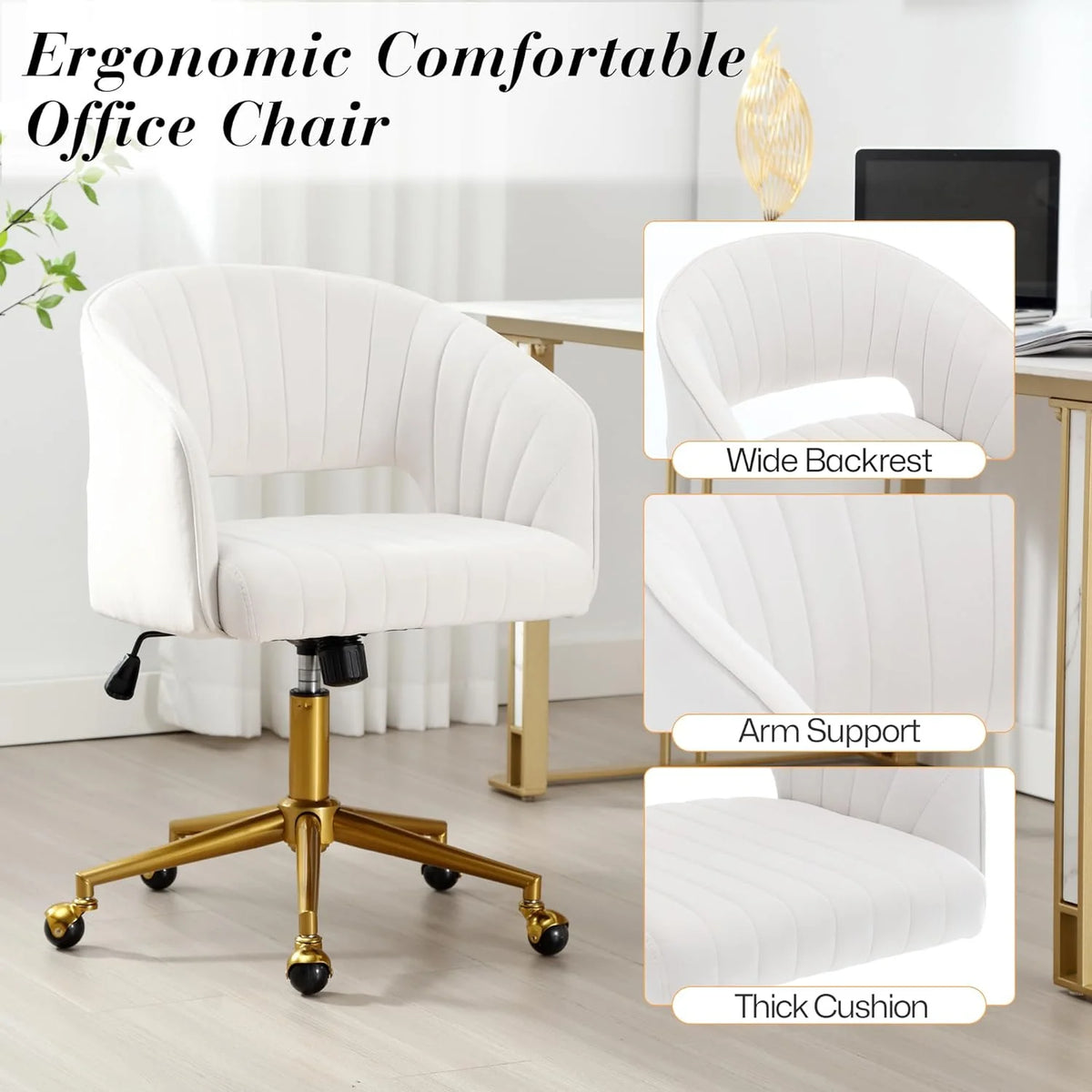 Home Office Swivel Desk Chair, Modern Velvet Vanity Chair, Height Adjustable Armchair with Gold Base - Product image 7