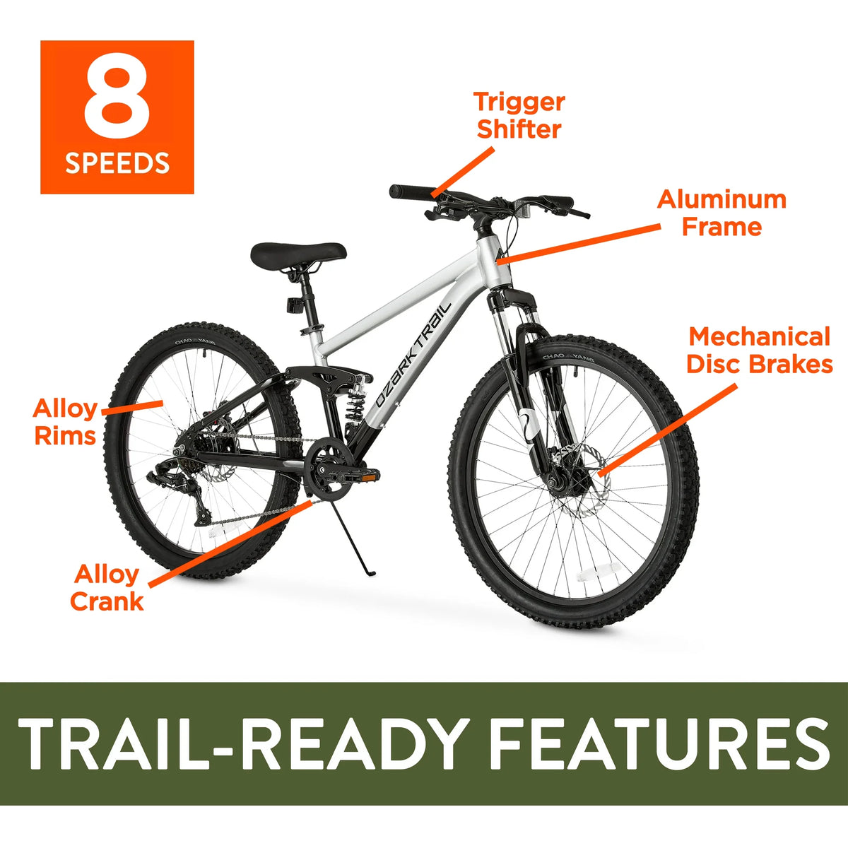 24" Ozark Trail FS.1 Epictrail Full Suspension Mountain Bike, for Teens and Adults, Heights Between 4'6" - Product image 9