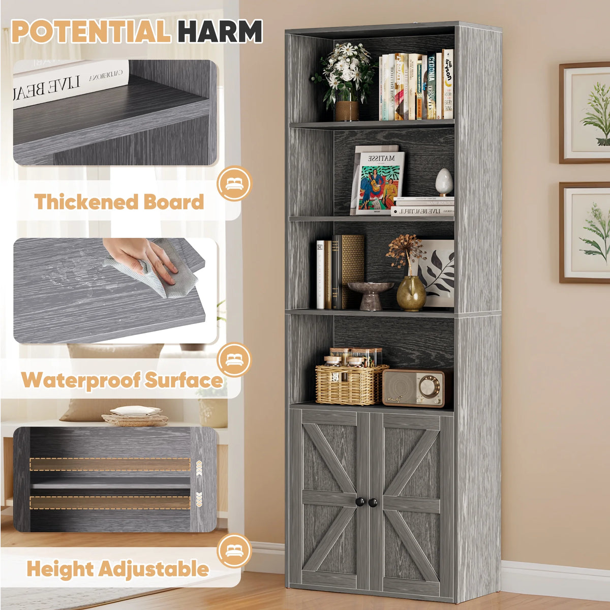Furmax 1 Piece 4 - Shelf Farmhouse Bookcases 4 - Tier Bookshelf with Adjustable Shelves&Doors - Product image 12